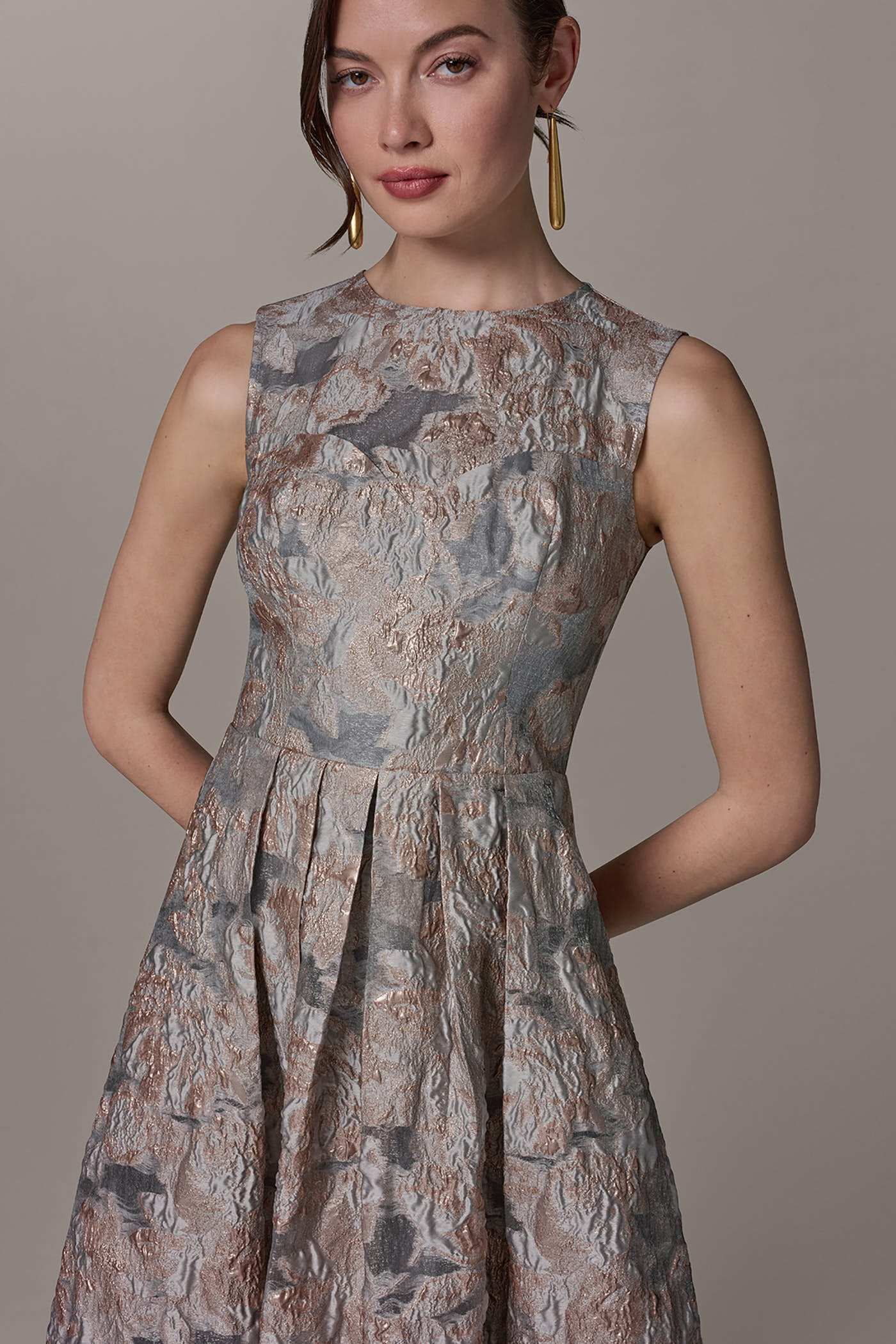 Donna Karan Jacquard Sleeveless Midi Dress, Womens, 10, Cream Multi Donna Karan Jacquard Sleeveless Midi Dress, Womens, 10, Cream Multi