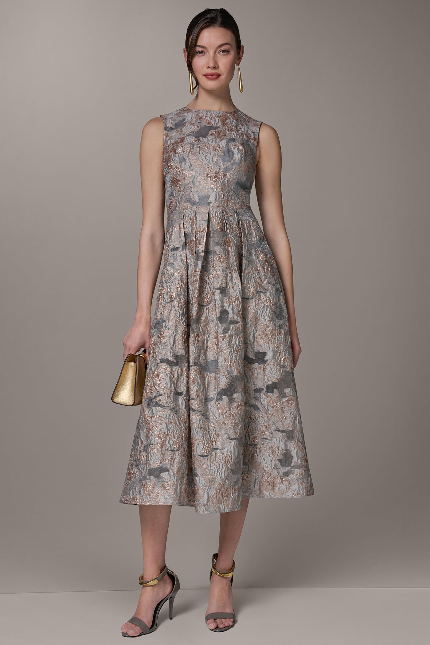 Donna Karan Jacquard Sleeveless Midi Dress, Womens, 10, Cream Multi Donna Karan Jacquard Sleeveless Midi Dress, Womens, 10, Cream Multi