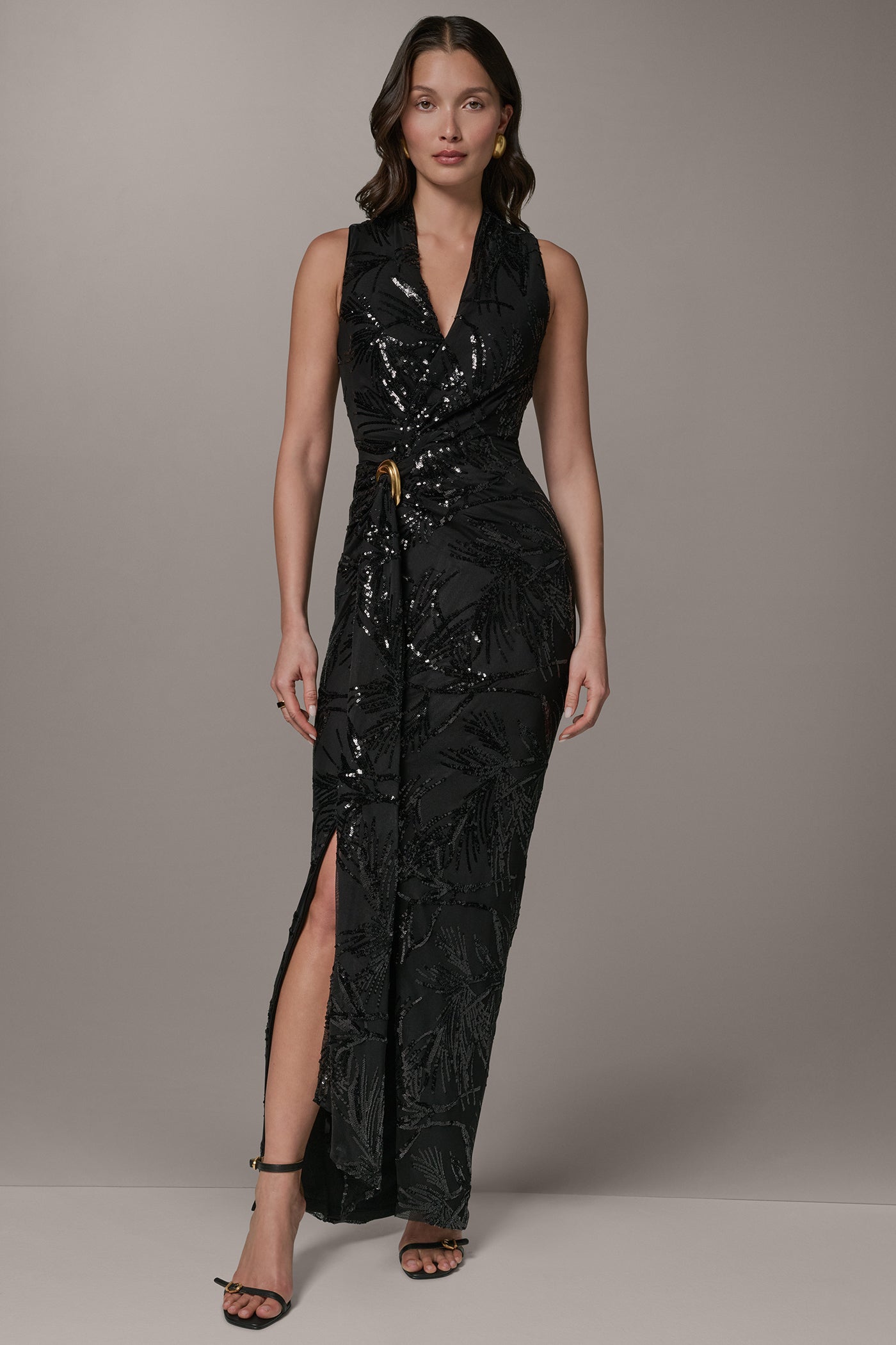 SLEEVELESS WRAP-EFFECT SEQUIN GOWN