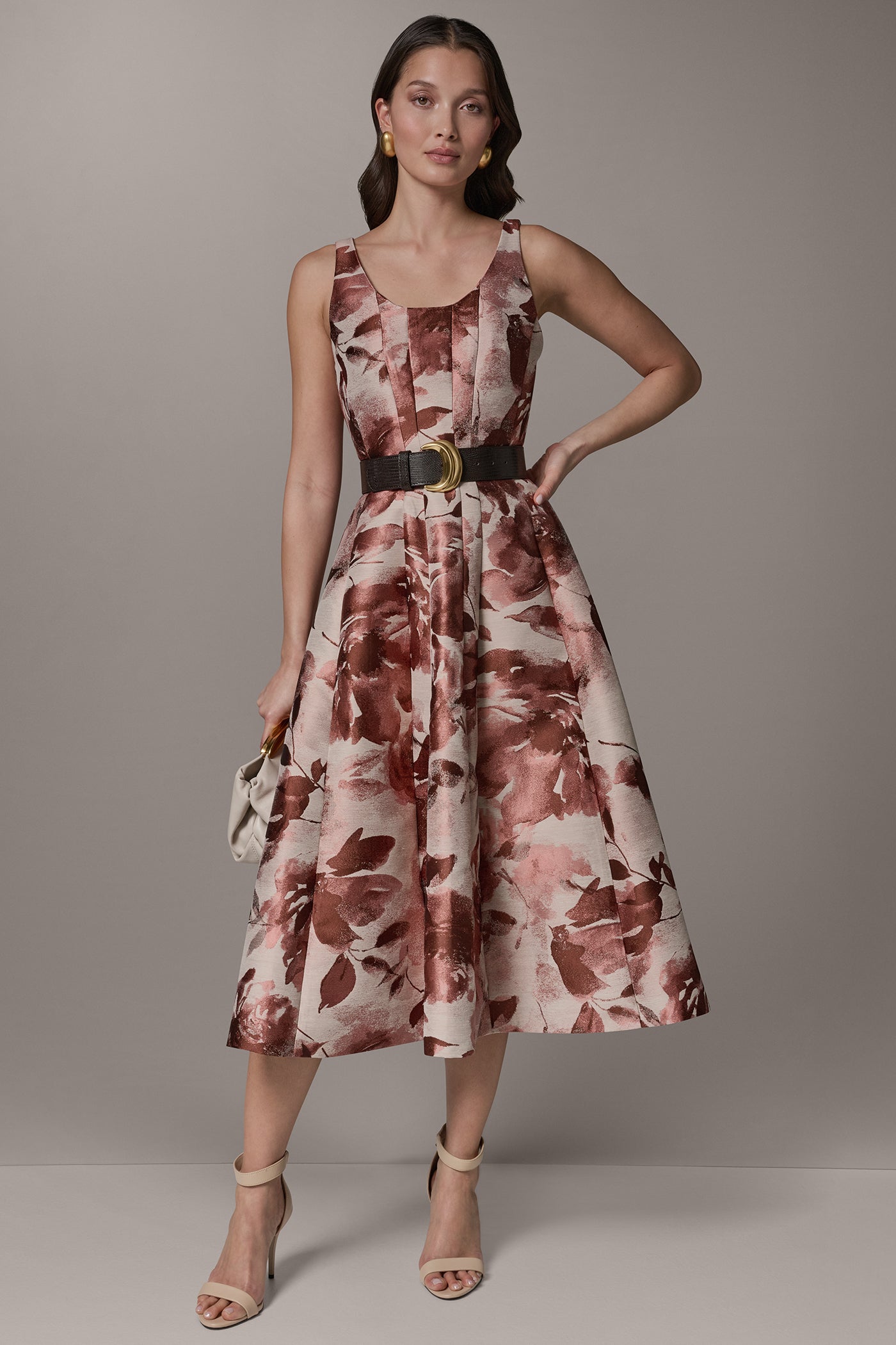 SLEEVELESS FLORAL MIDI FIT AND FLARE DRESS