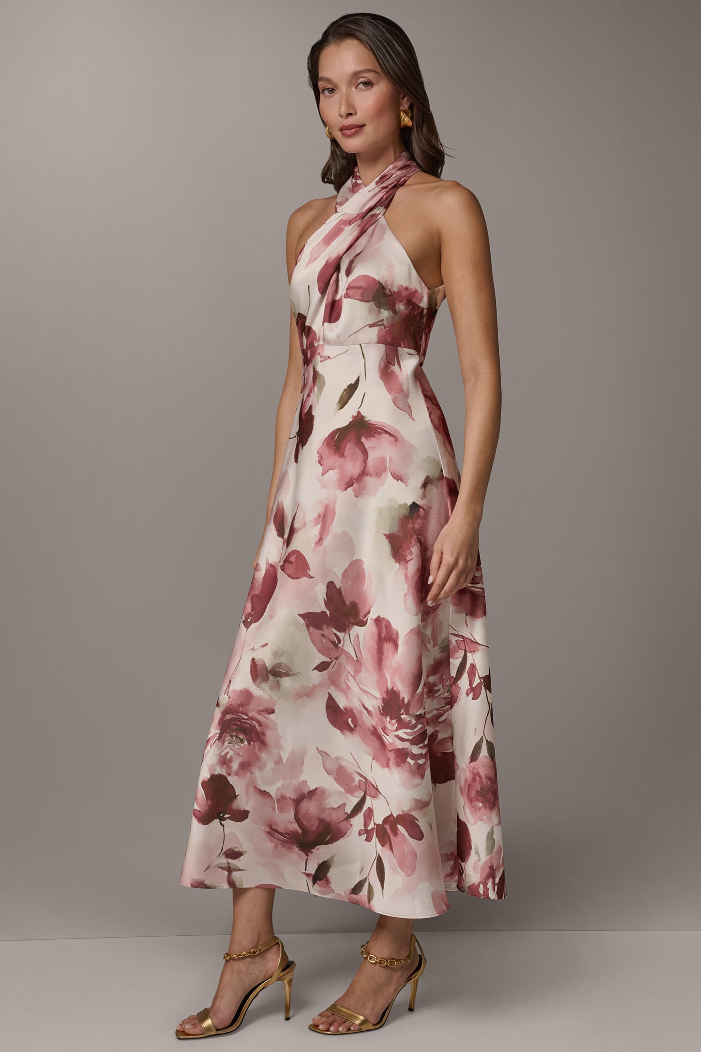 FLORAL MIDI A-LINE HALTER DRESS VIEW 4 | Cocktail & Party