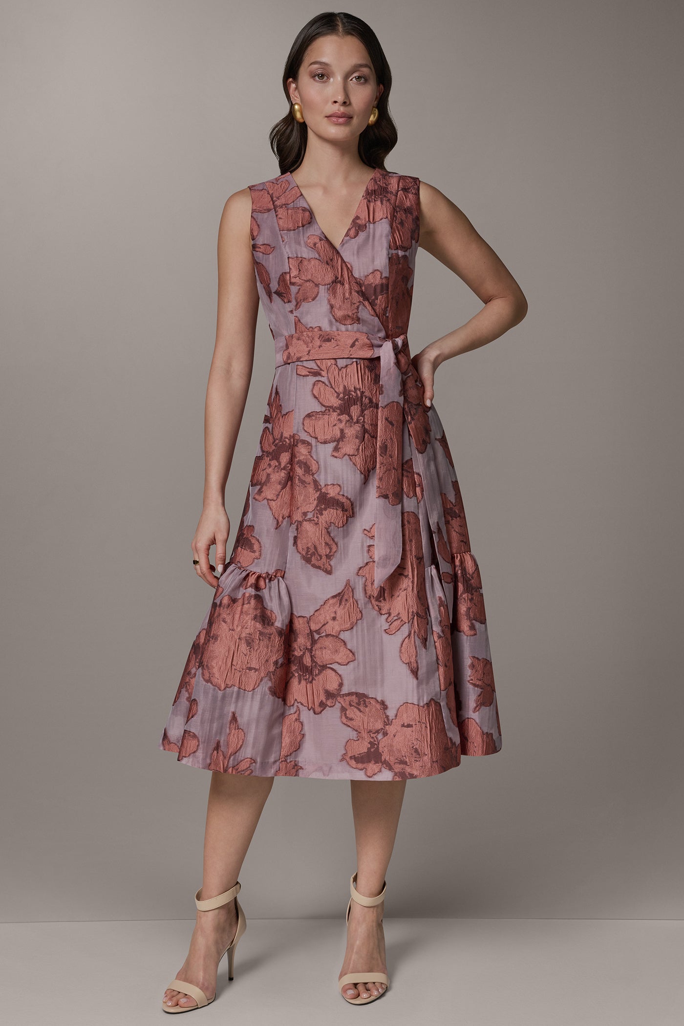 Donna Karan New York Women's Sleeveless Jacquard Faux Wrap V-Neck Floral Midi A-Line Dress - Desert Clay Donna Karan New York Women's Sleeveless Jacquard Faux Wrap V-Neck Floral Midi A-Line Dress - Desert Clay