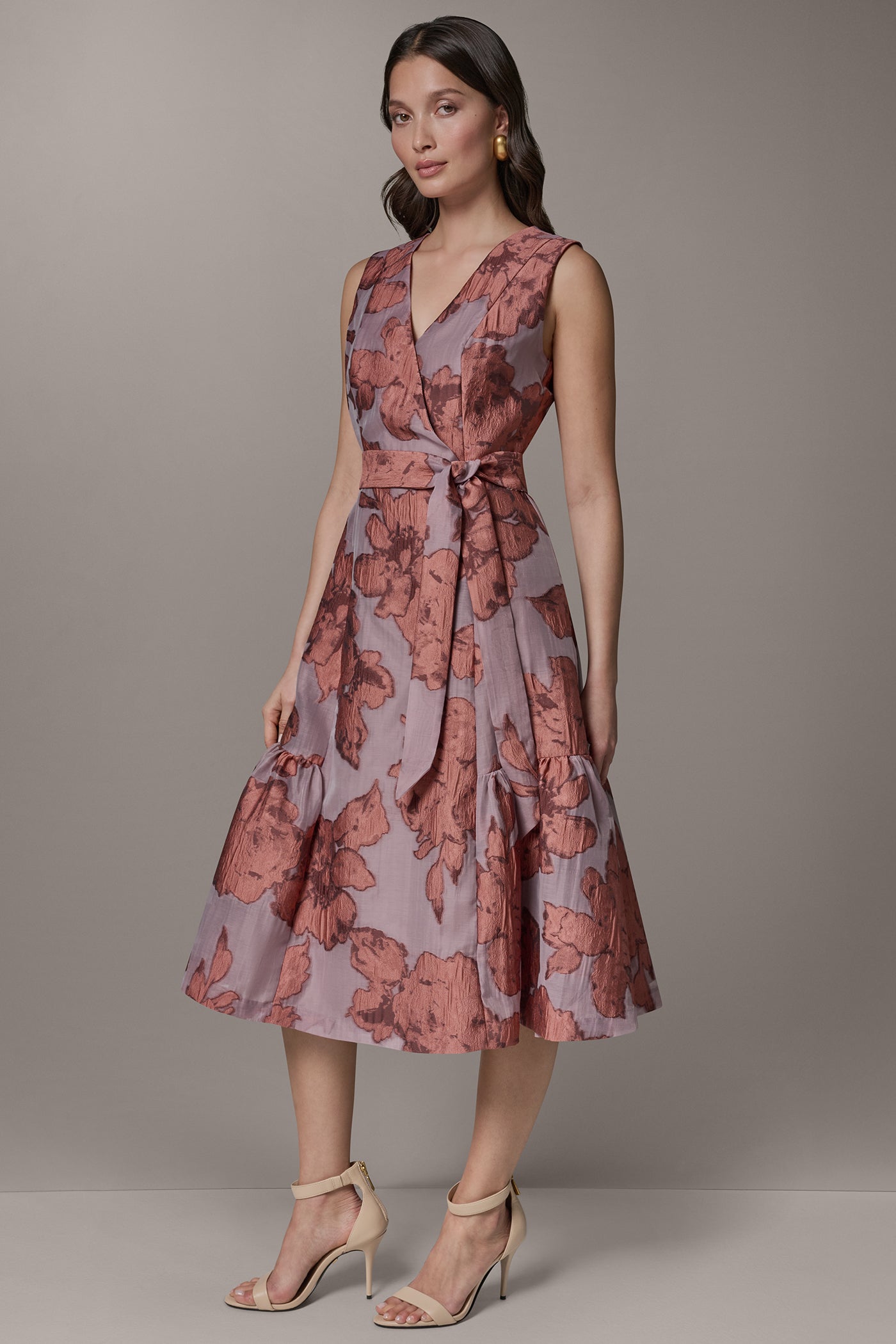 Donna Karan Women's Sleeveless Jacquard Faux Wrap V-Neck Floral Midi A-Line Dress - Desert Clay