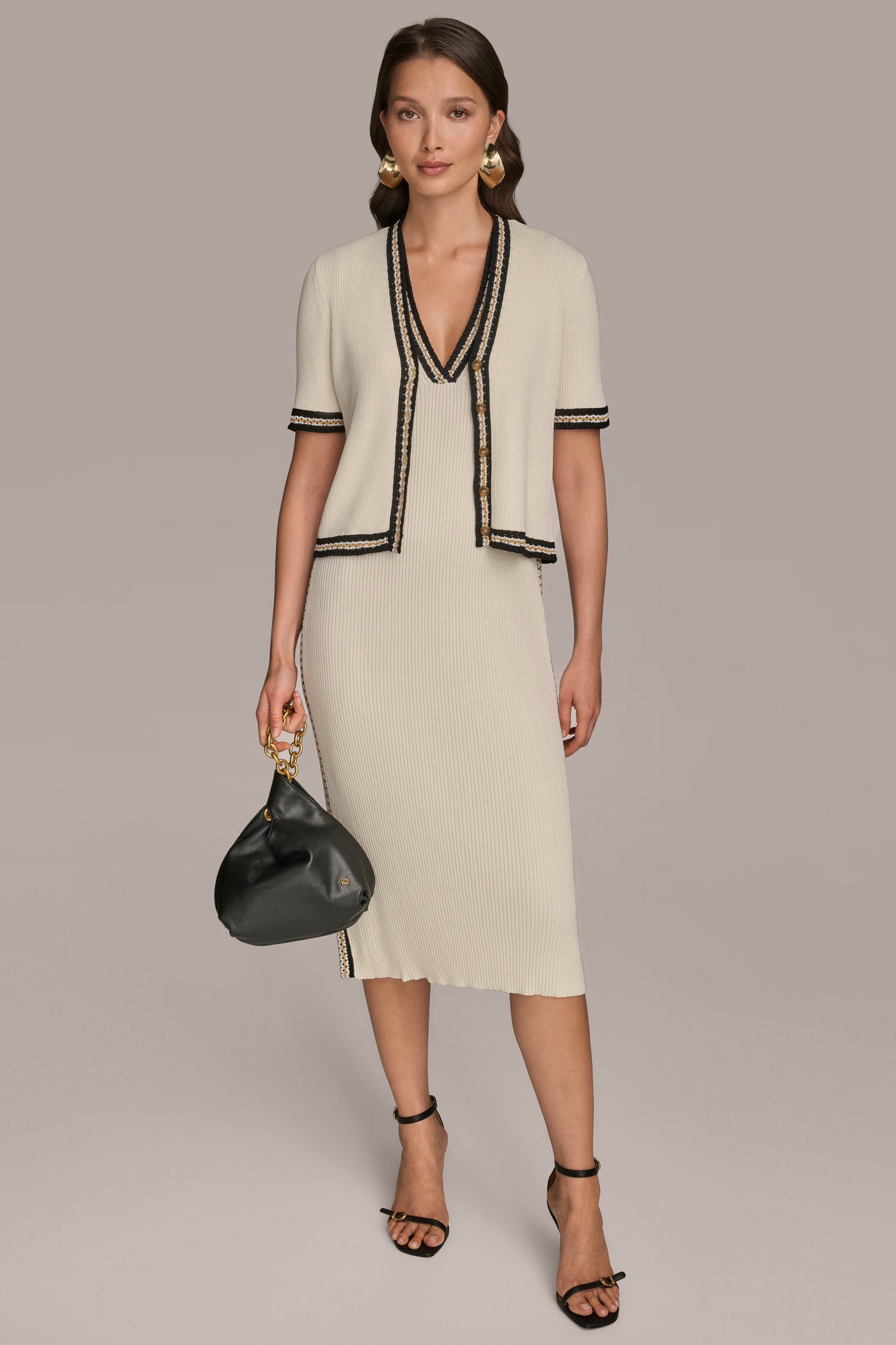 PIPED SHEATH DRESS WITH CARDIGAN | View 1 | Dresses & Jumpsuits