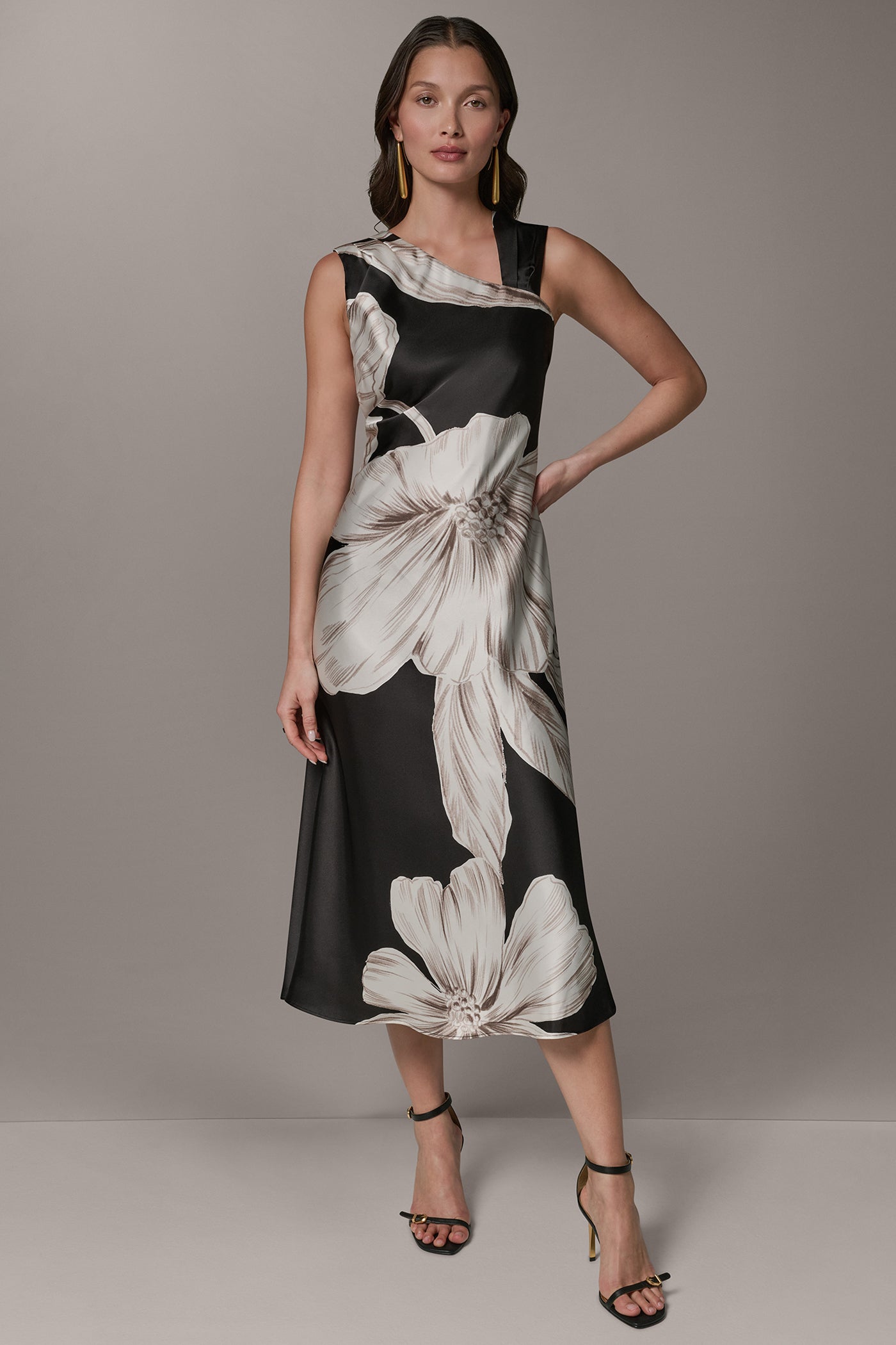 Donna Karan Women's Sleeveless Asymmetrical Neck Floral Midi Dress - Black Multi