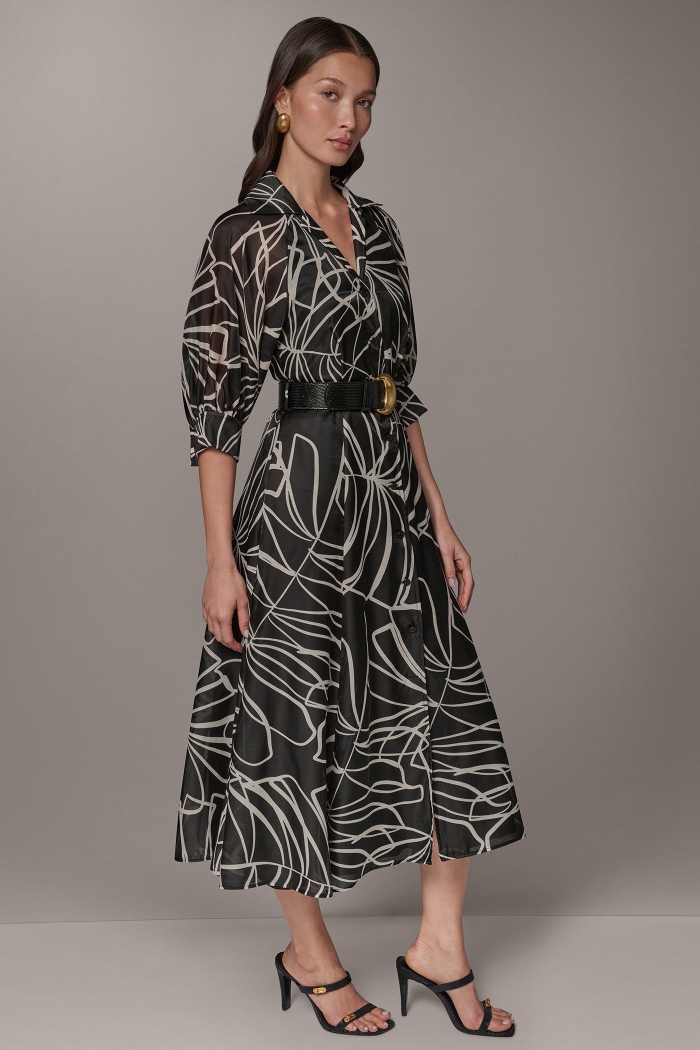 PUFF SLEEVE FLORAL MIDI SHIRT DRESS VIEW 4