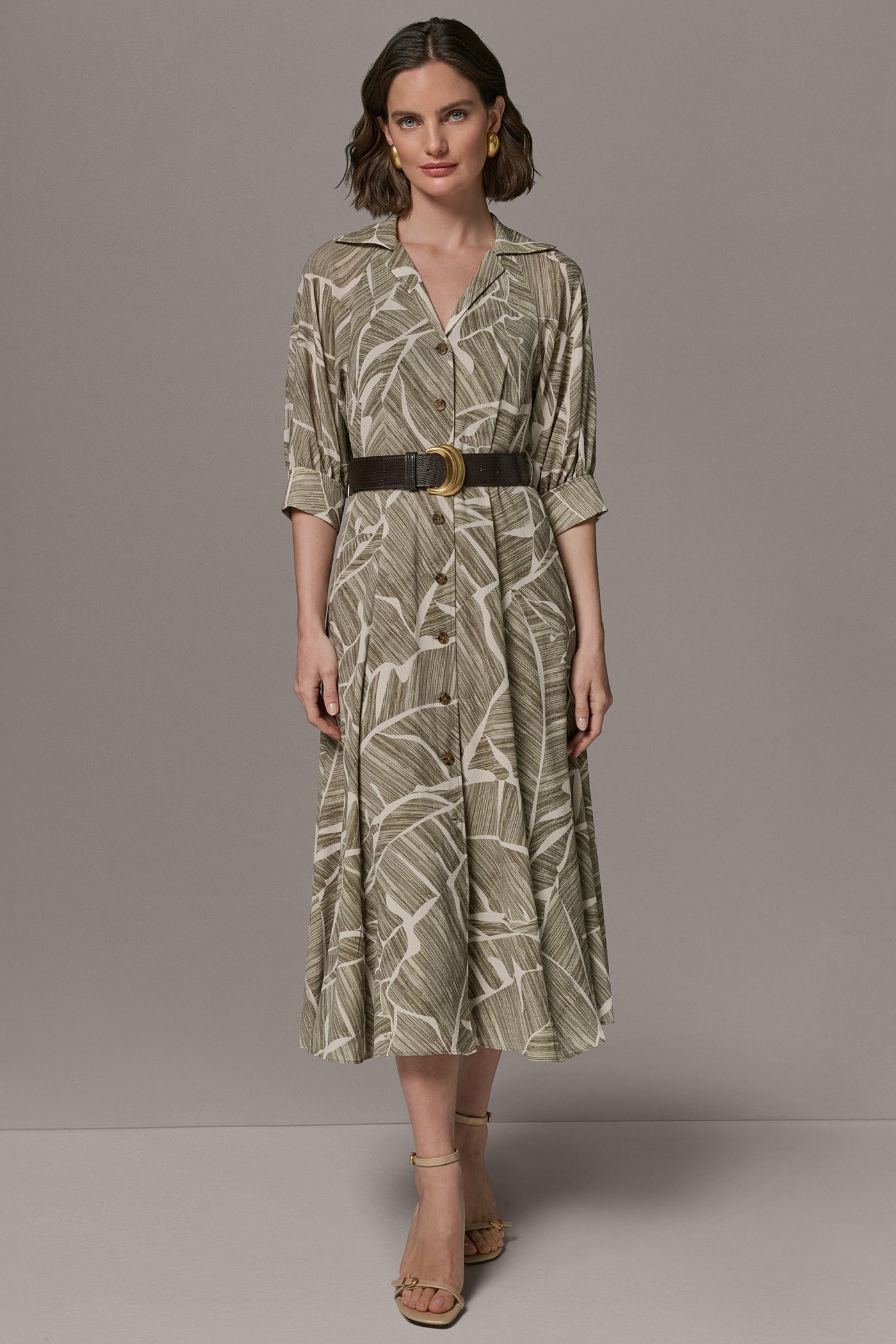 Donna Karan Plus Size Printed 3/4-Length-Sleeve Belted Midi Shirt Dress - Light Olive Multi