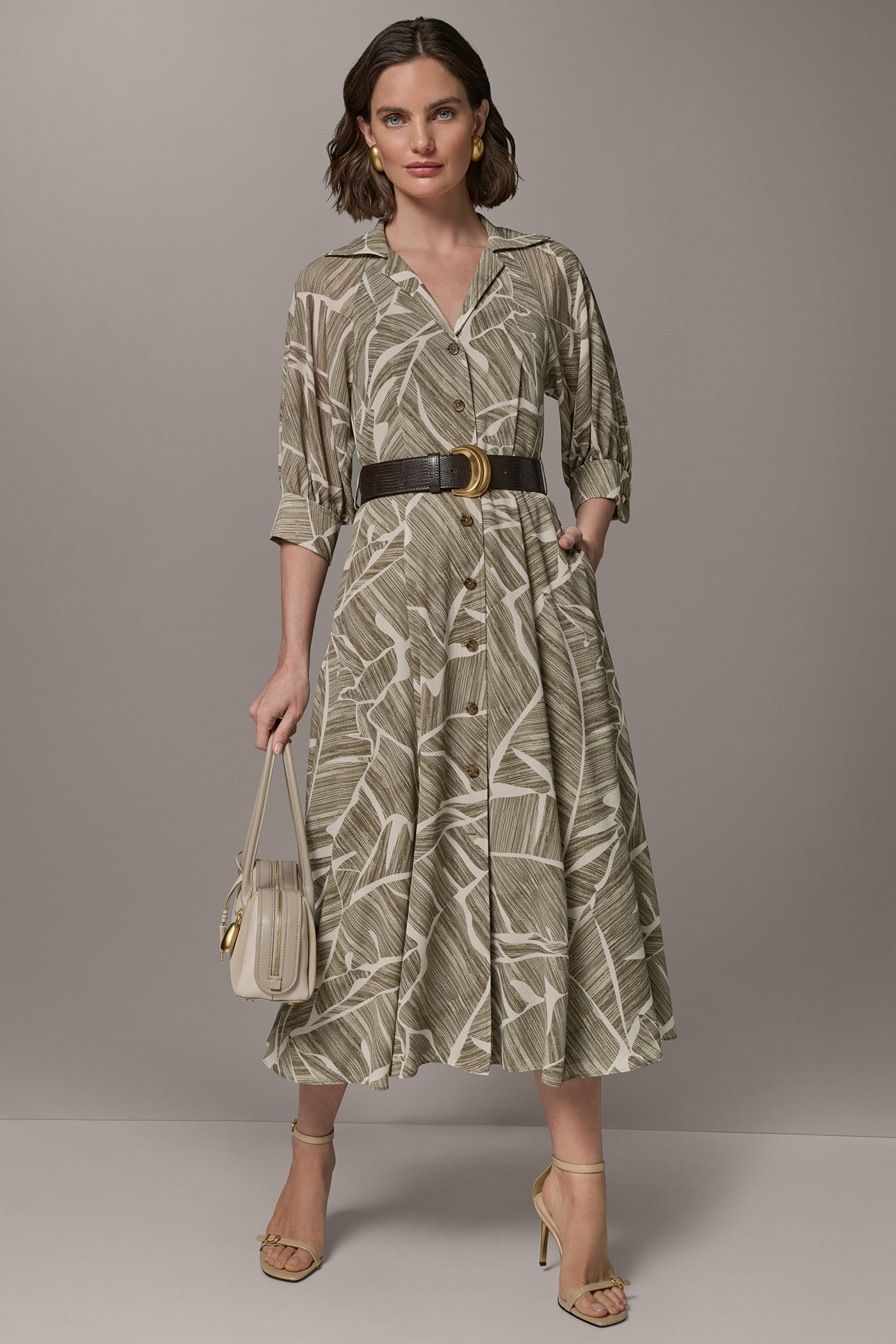 ABSTRACT BELTED A LINE MIDI SHIRT DRESS