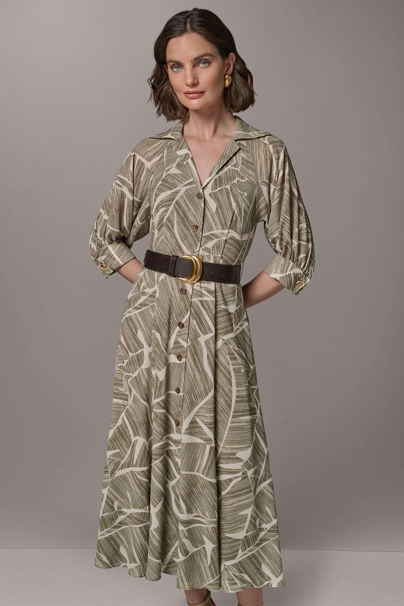 Donna Karan Women's Abstract Belted A Line Midi Shirt Dress in Light Olive Multi Donna Karan Women's Abstract Belted A Line Midi Shirt Dress in Light Olive Multi