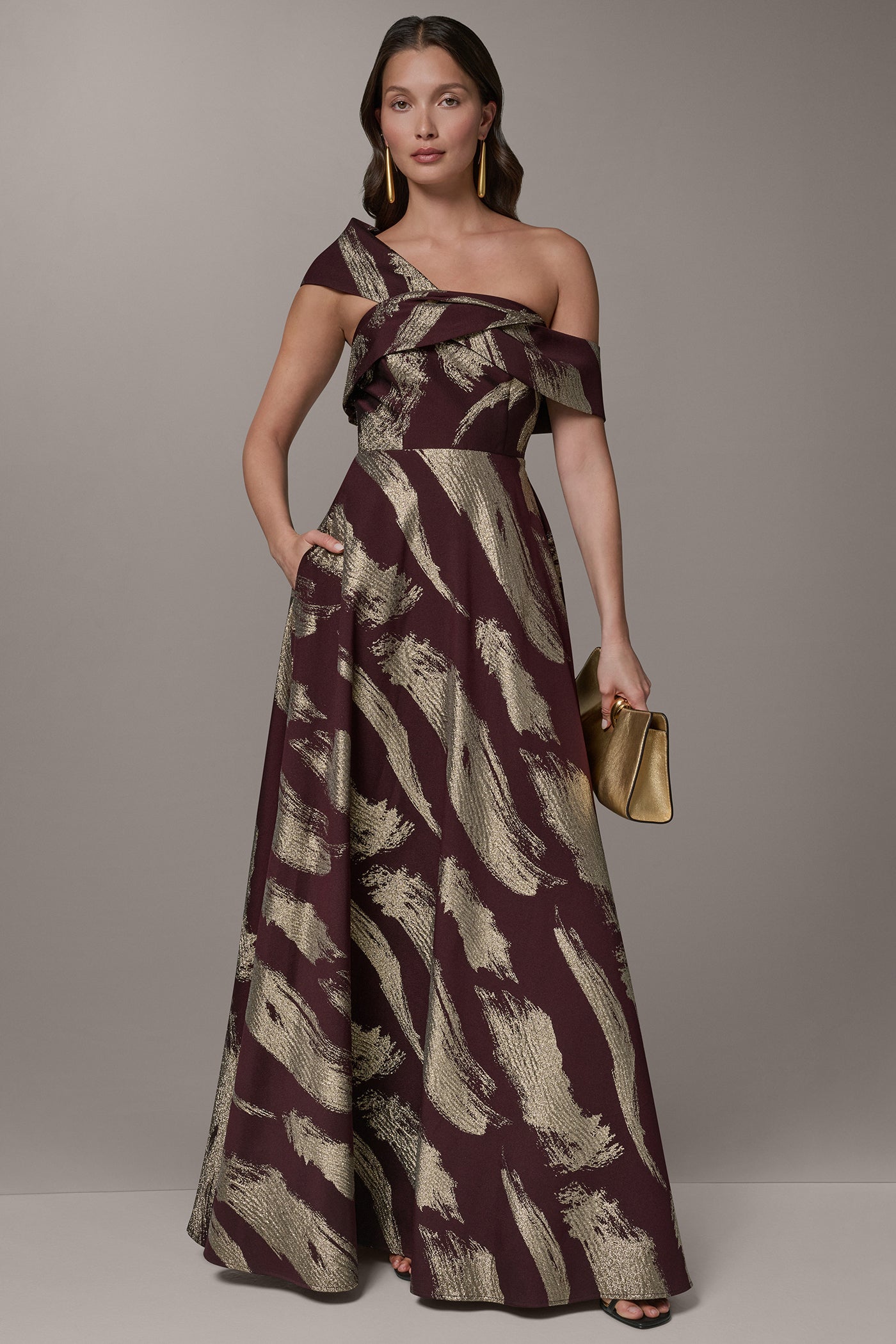 ONE SHOULDER METALLIC BRUSHTROKE GOWN VIEW 7 | Event Dresses