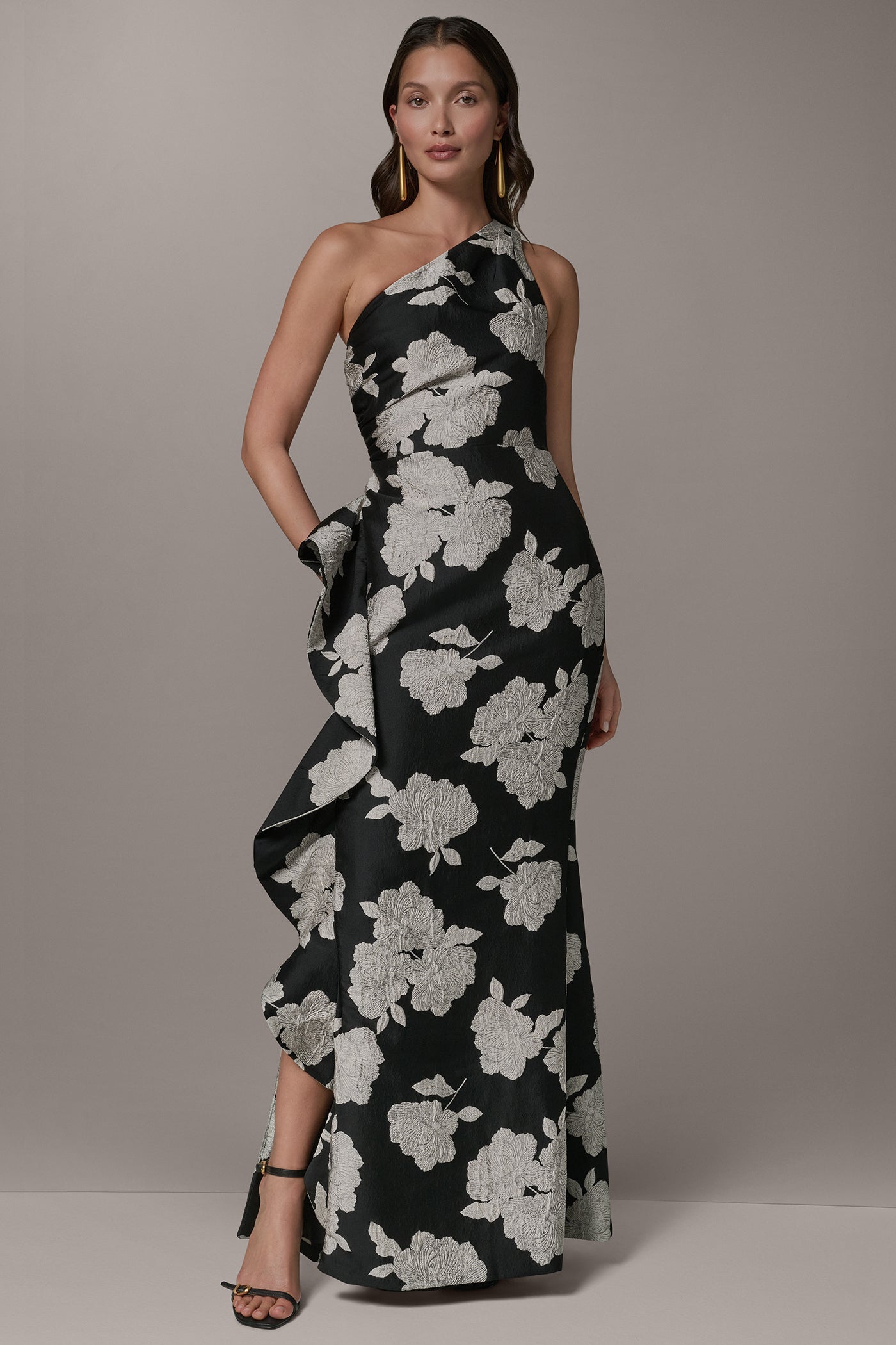 ONE SHOULDER FLORAL SIDE RUFFLE GOWN