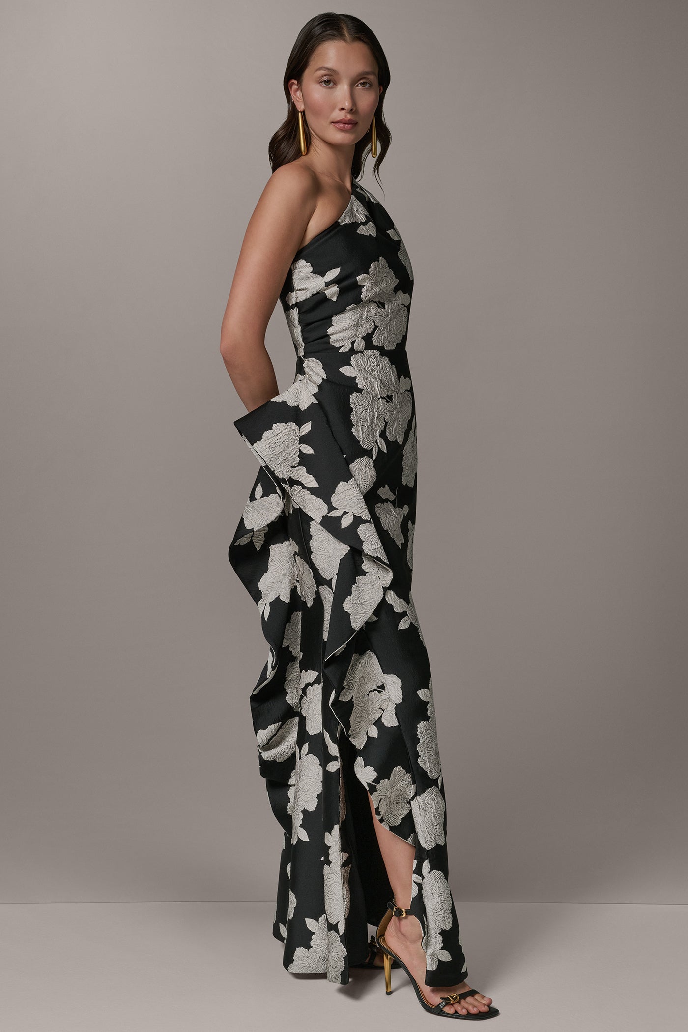 ONE SHOULDER FLORAL SIDE RUFFLE GOWN (alternate view)