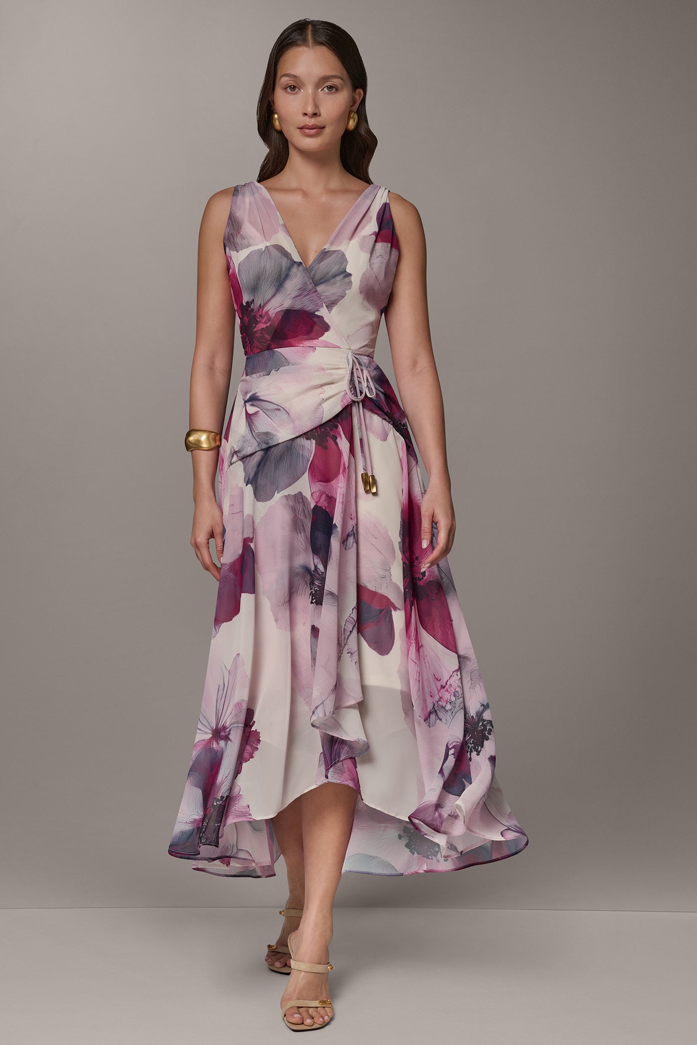 Donna Karan New York Petite Printed V-Neck High-Low Dress - Sangria Multi
