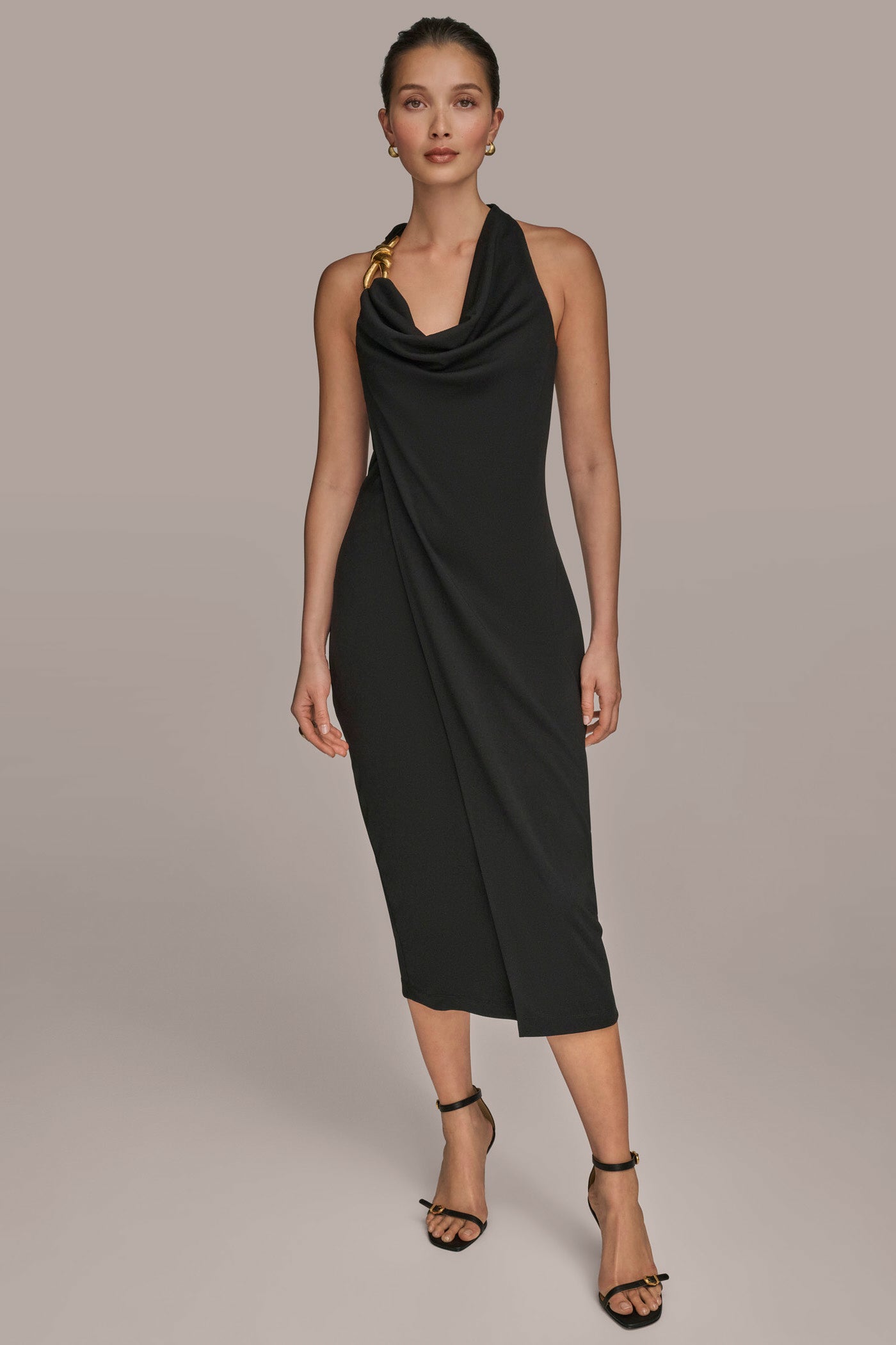 WRAP-EFFECT EMBELLISHED MIDI SHEATH DRESS | View 1 | Black Dresses