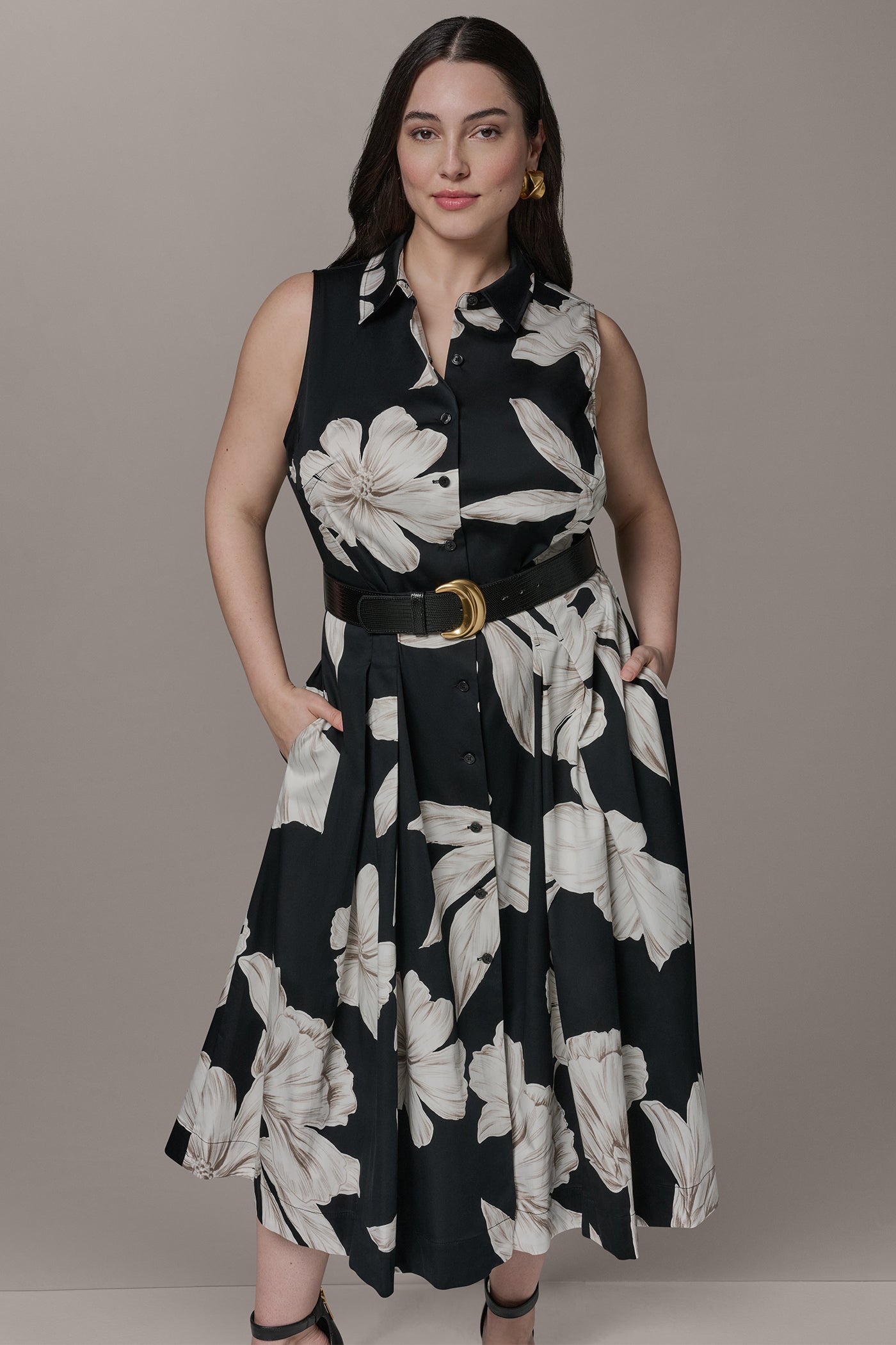 halter shirt dress Donna Karan Women's Sleeveless Midi Halter Shirt Dress in Black Multi, Size 14W