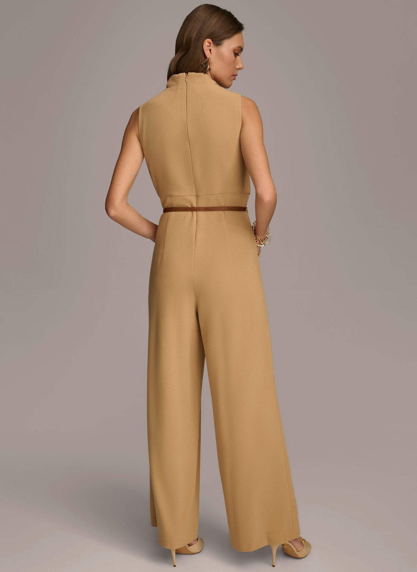 COWL NECK BELTED JUMPSUIT WITH POCKETS