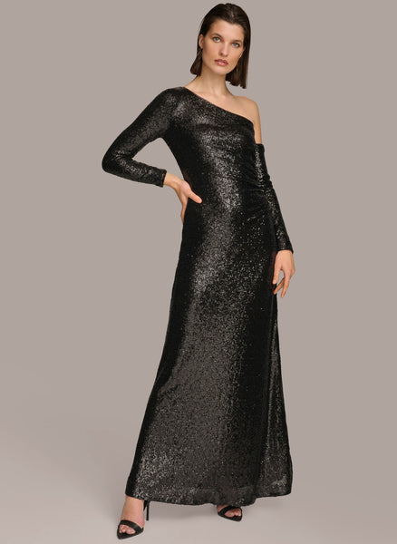 Jean Fares Couture-Black Sequin One Shoulder Gown Pleated Halter Gown-  District 5 Boutique
