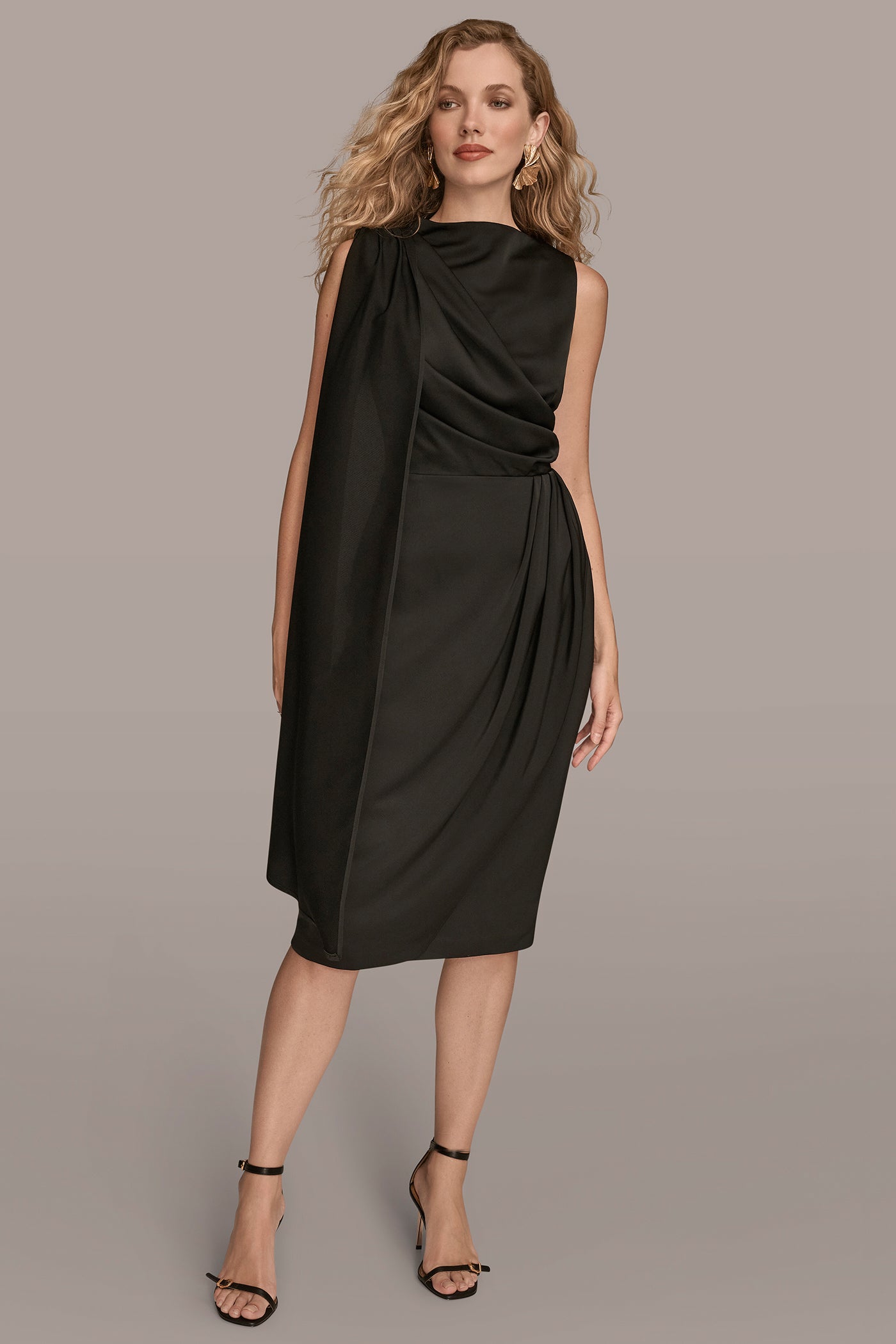 ASYMMETRIC CAPE-DETAIL WRAP-EFFECT MIDI DRESS | View 1 | Cocktail & Party