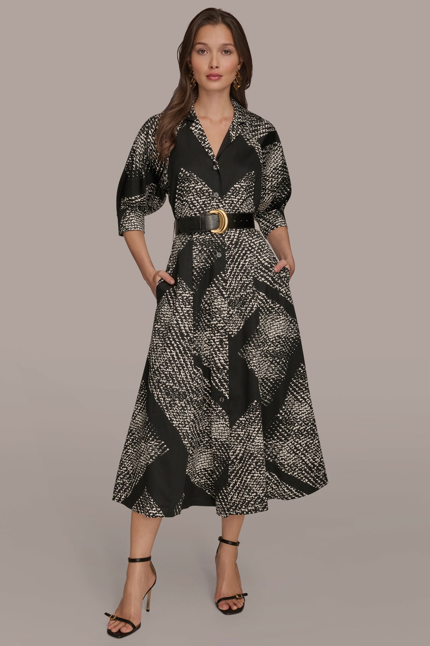SHORT SLEEVE ABSTRACT BELTED MIDI SHIRT DRESS | View 1 | Dresses & Jumpsuits