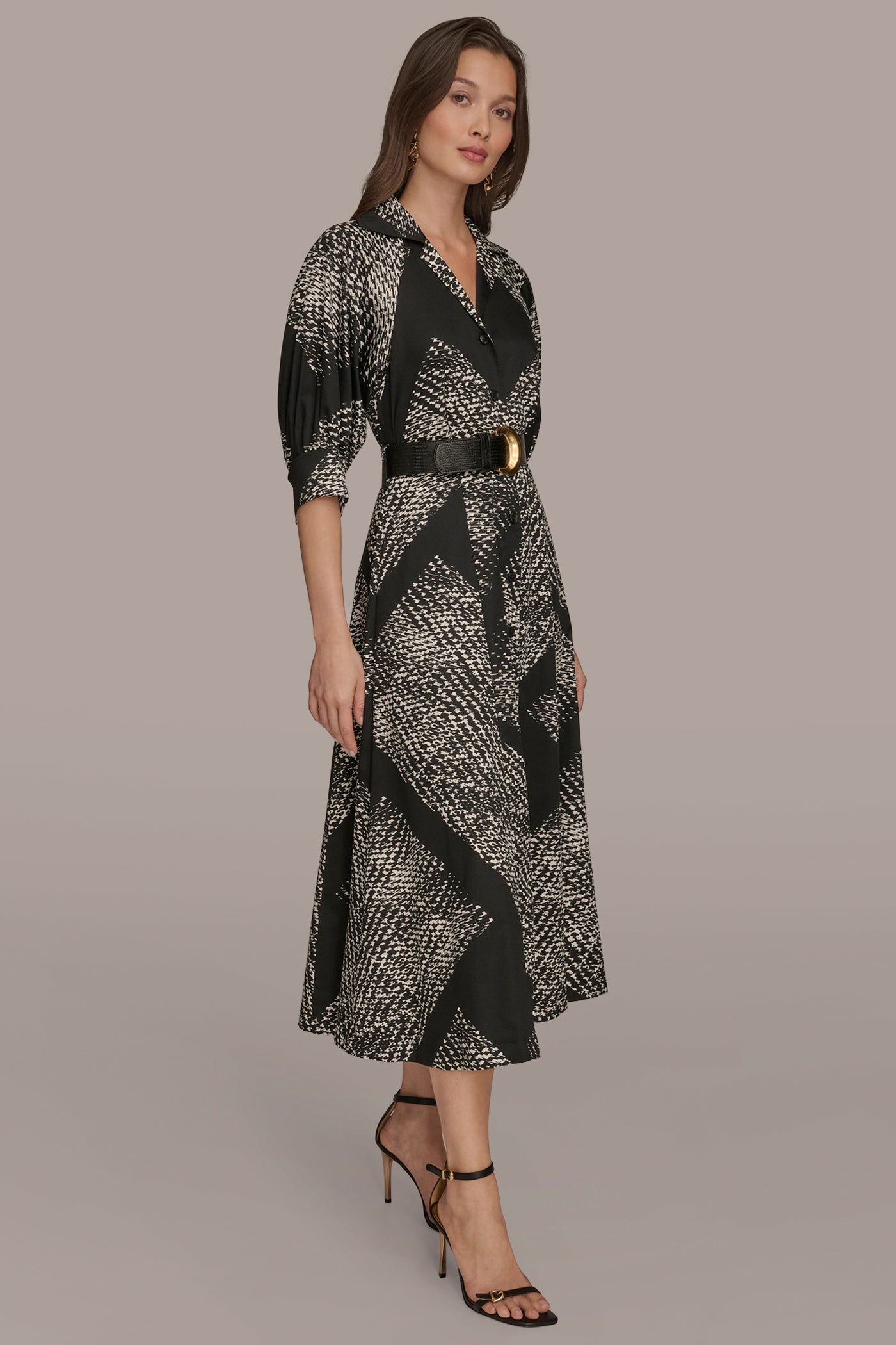 SHORT SLEEVE ABSTRACT BELTED MIDI SHIRT DRESS VIEW 3 | Essential Dresses