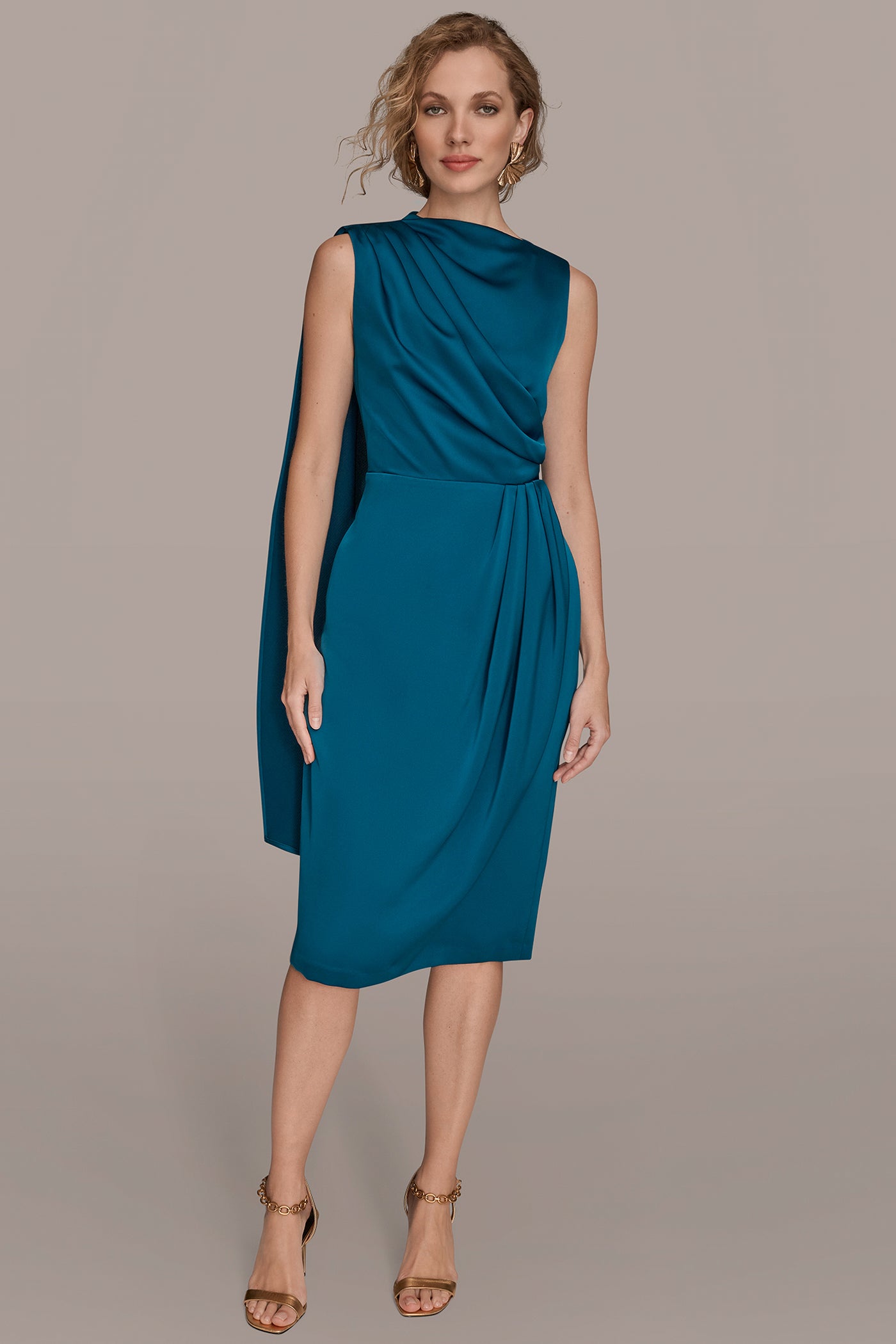 ASYMMETRIC CAPE-DETAIL WRAP-EFFECT MIDI DRESS | View 1 | Cocktail & Party
