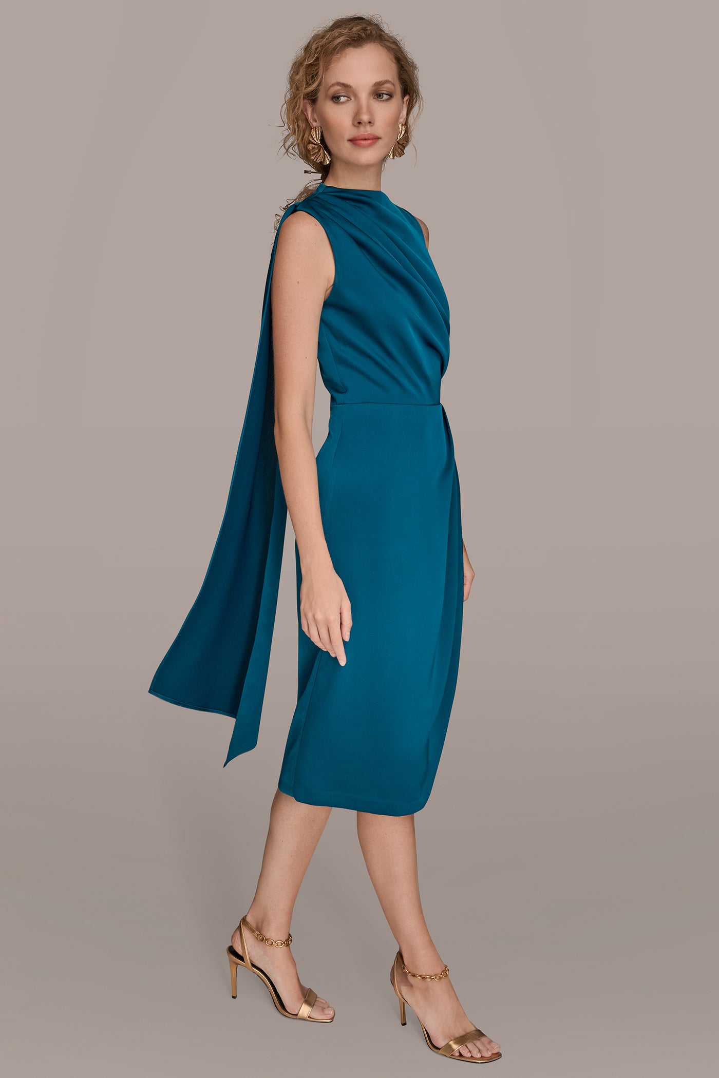 ASYMMETRIC CAPE-DETAIL WRAP-EFFECT MIDI DRESS VIEW 3 | Cocktail & Party