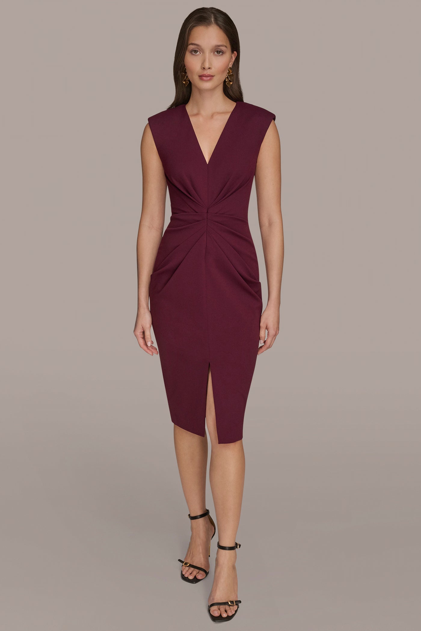 GATHERED SPLIT-FRONT MIDI SHEATH DRESS | View 1 | Cocktail & Party
