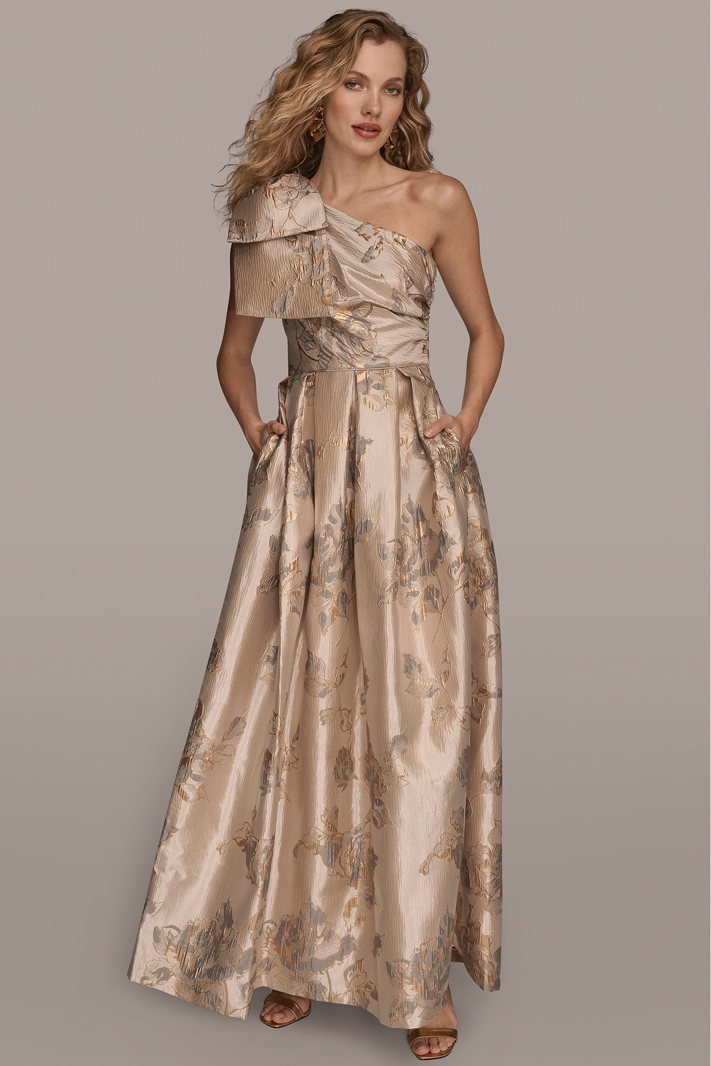BOW-EMBELLISHED ONE-SHOULDER JACQUARD BALL GOWN | View 1 | Ball Gowns