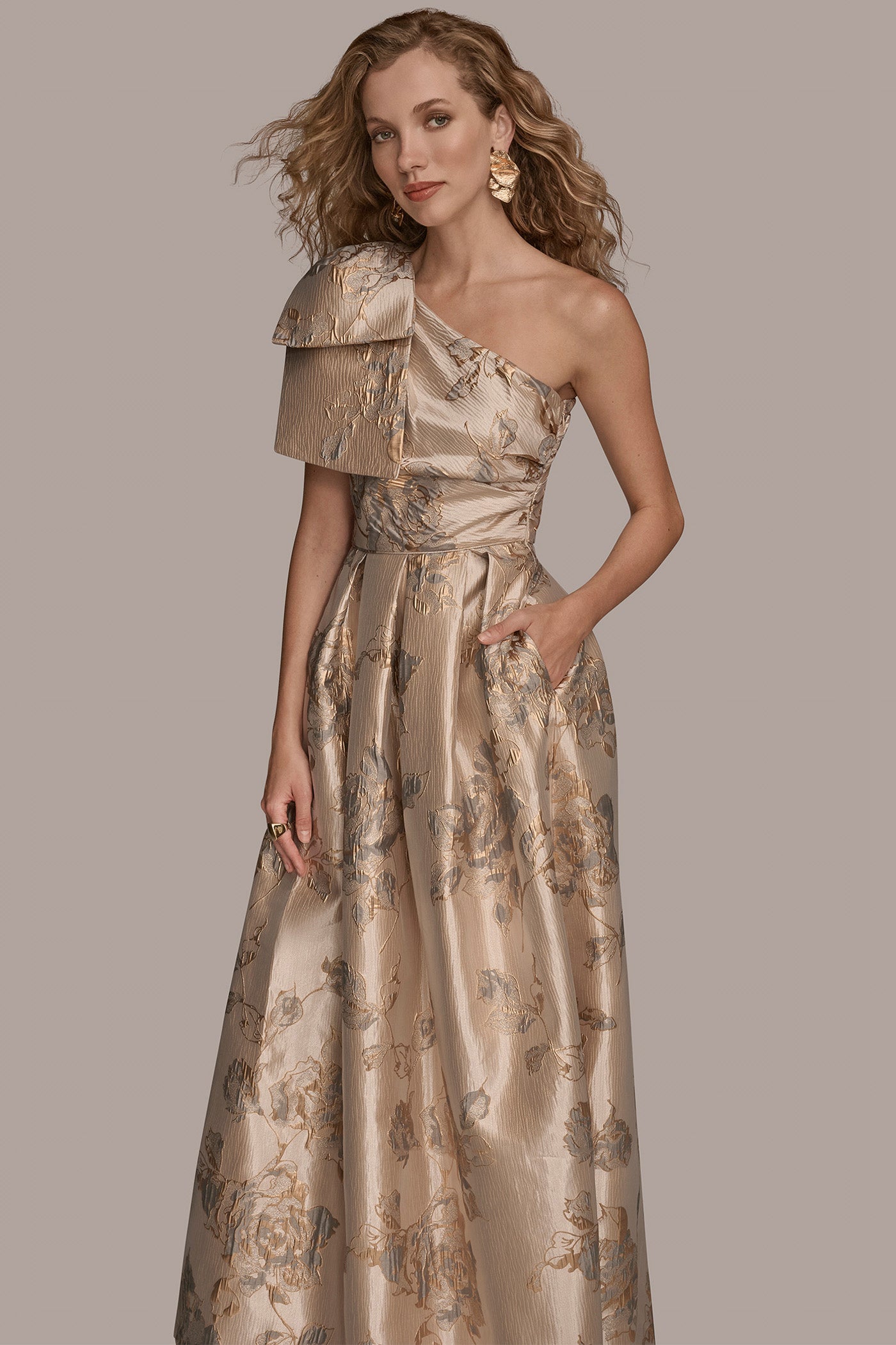 BOW-EMBELLISHED ONE-SHOULDER JACQUARD BALL GOWN VIEW 6 | Ball Gowns