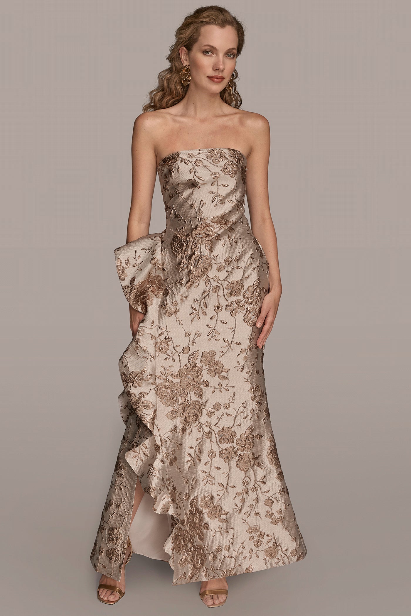 CASCADING RUFFLE FLORAL-JACQUARD GOWN | View 1 | Ball Gowns