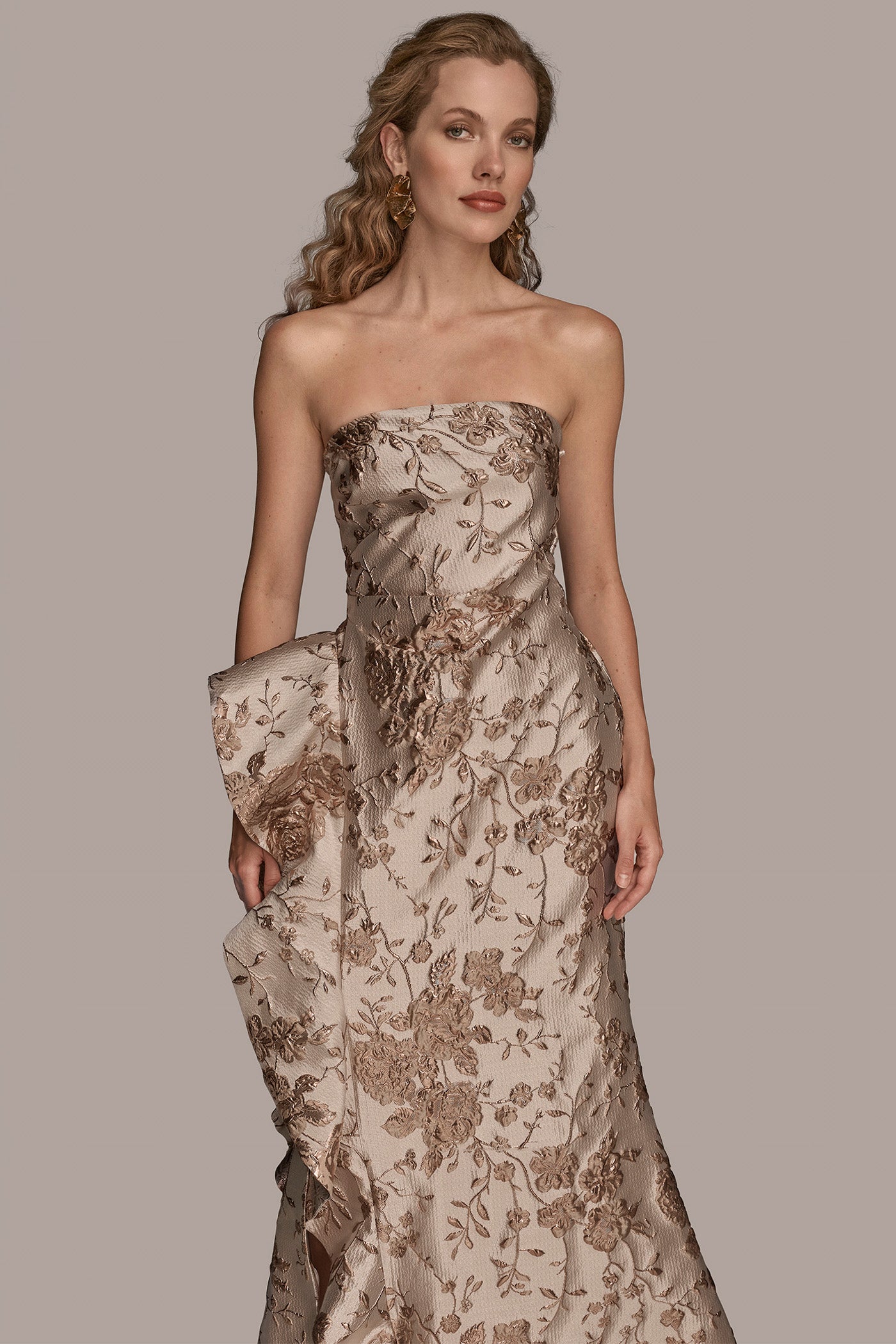 CASCADING RUFFLE FLORAL-JACQUARD GOWN VIEW 6 | Ball Gowns