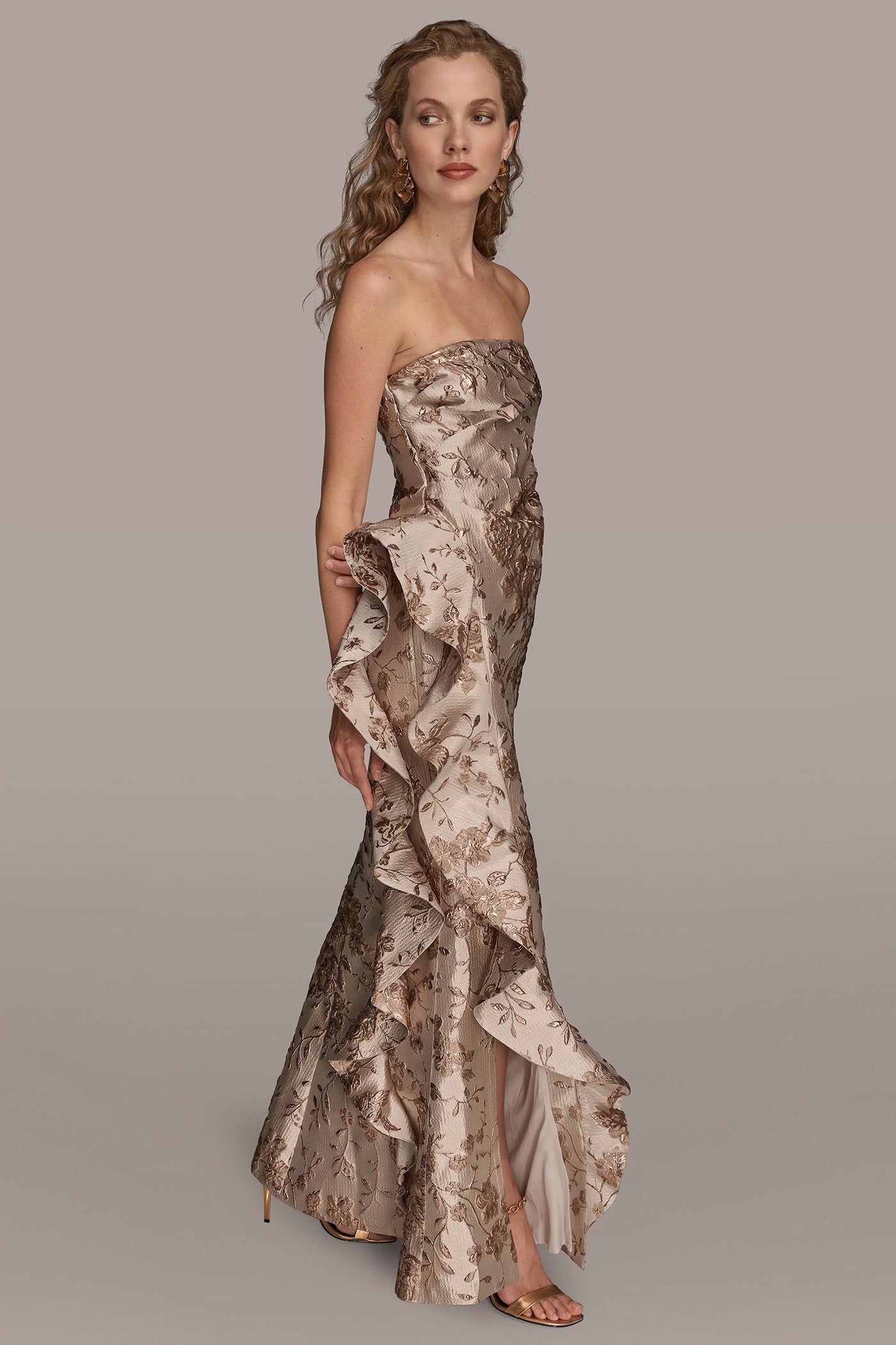 CASCADING RUFFLE FLORAL-JACQUARD GOWN VIEW 3 | Ball Gowns