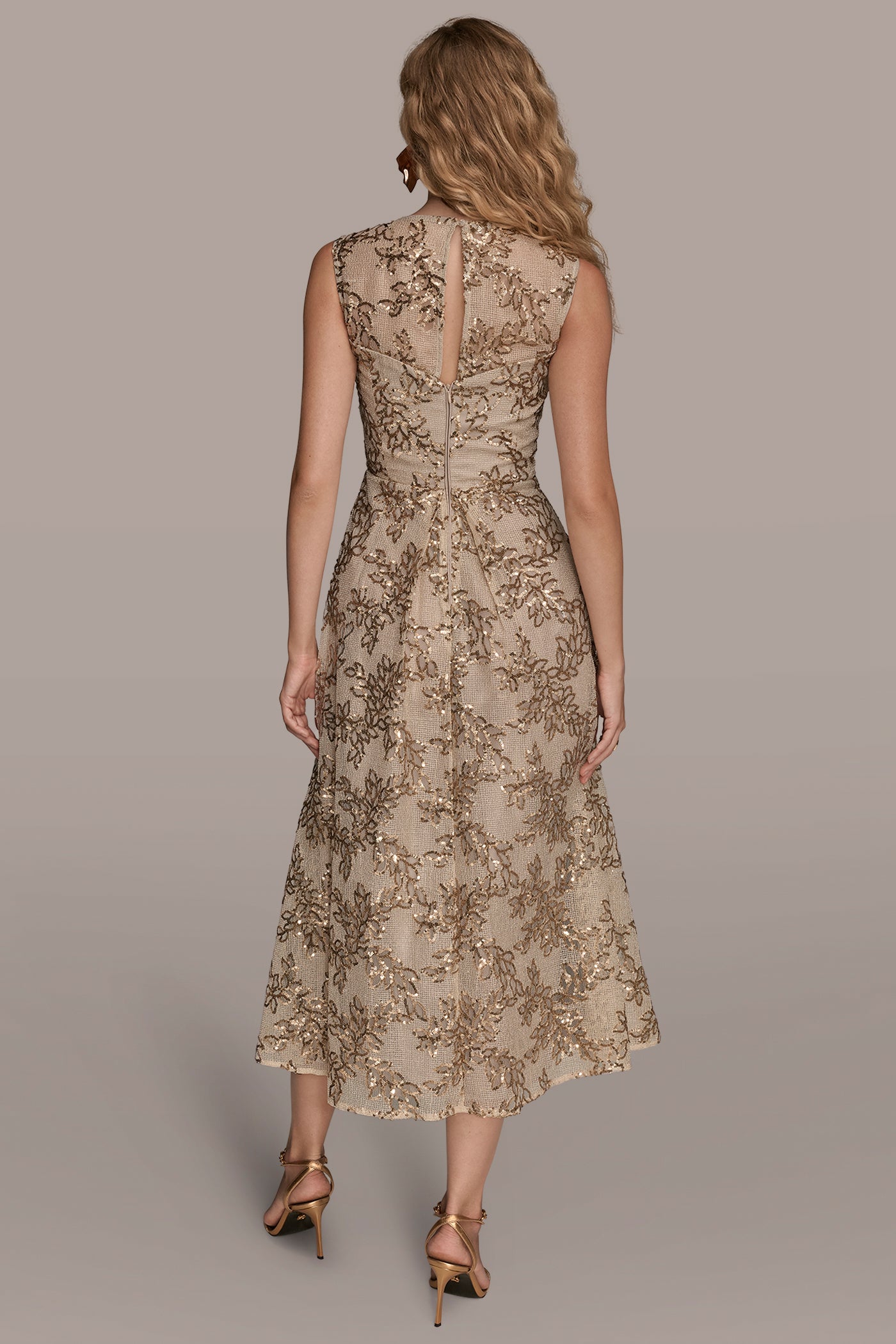 PLEATED SEQUIN FLORAL-EMBROIDERED MIDI GOWN | View 2 | Ball Gowns