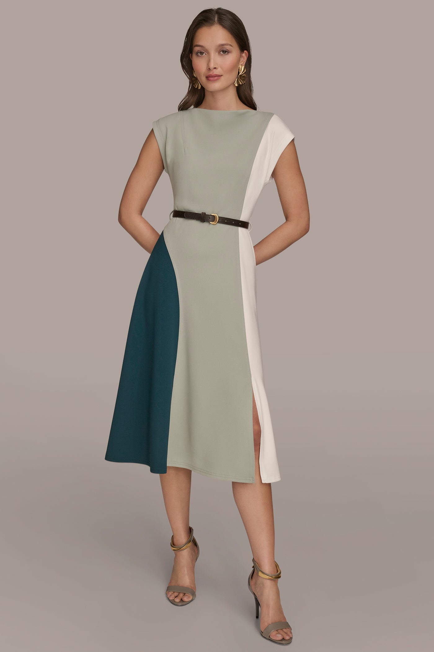 BELTED COLOR BLOCK MIDI DRESS | View 1 | Dresses & Jumpsuits