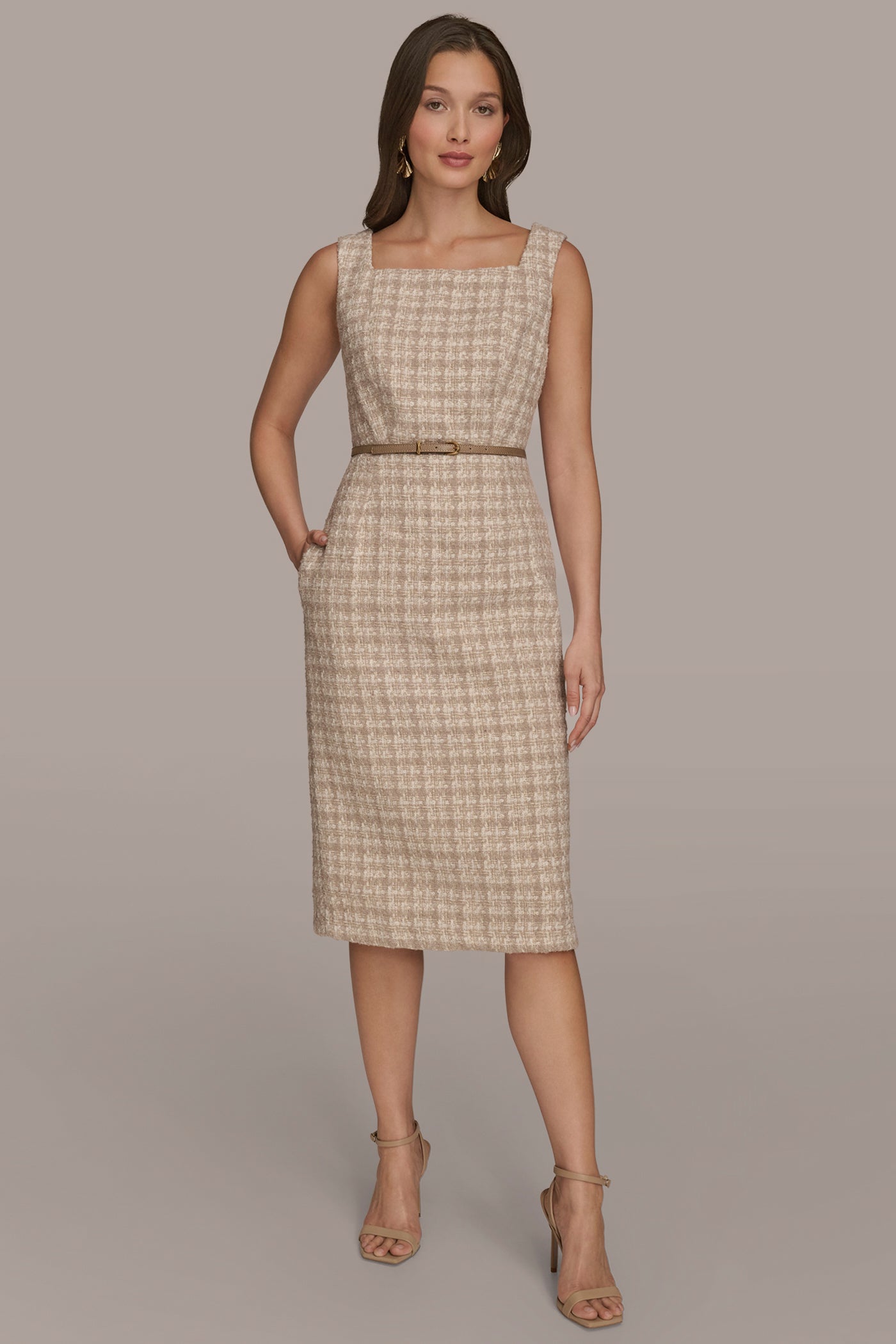 BELTED TWEED MIDI SHEATH DRESS | View 1 | Dresses & Jumpsuits