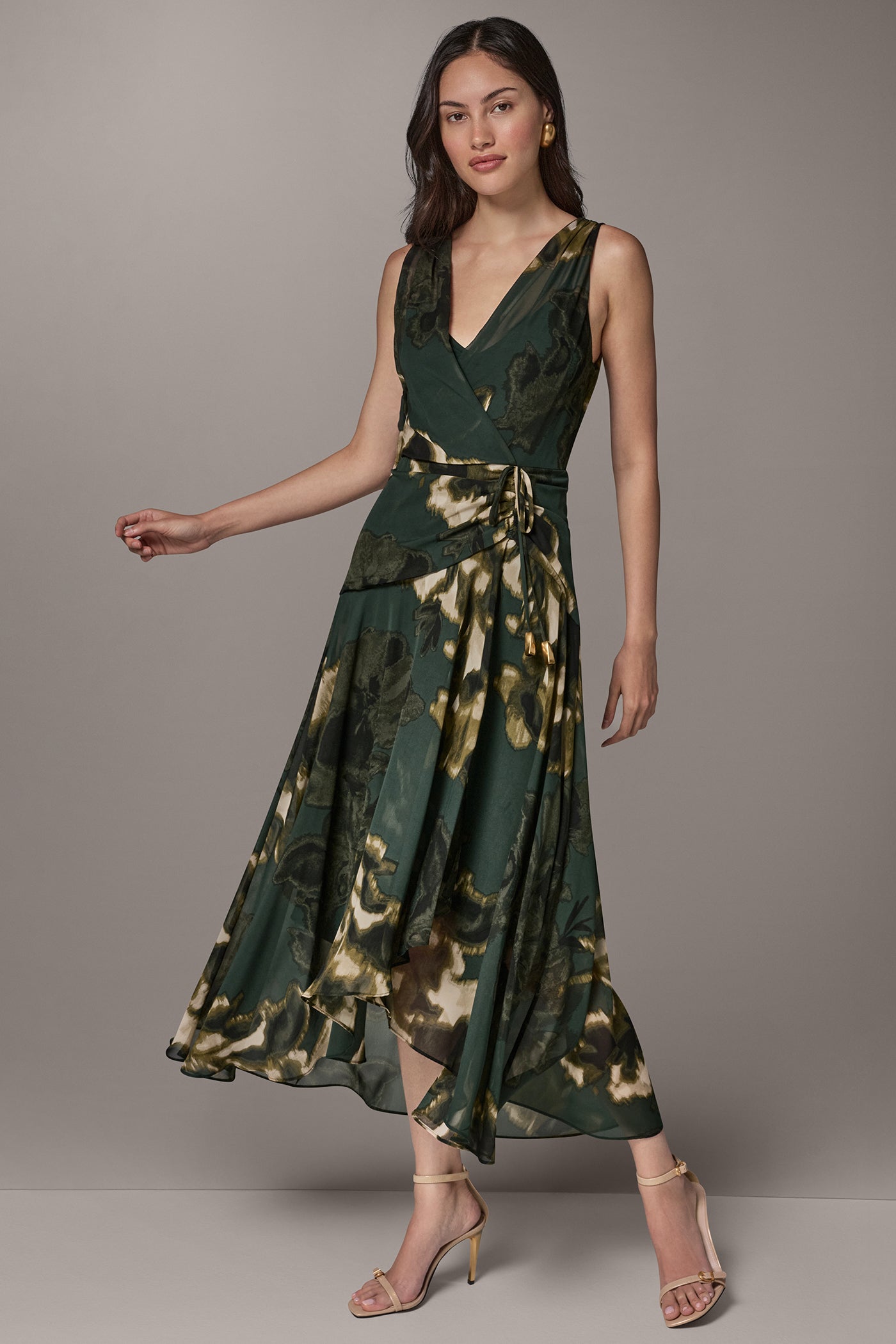 wrap midi dress floral Chiffon Dress, 3/4 Sleeve Style as shown with statement heels and a coordinating fascinator for a complete occasion ensemble that commands attention Crescent Lillie Floral Wrap Dress