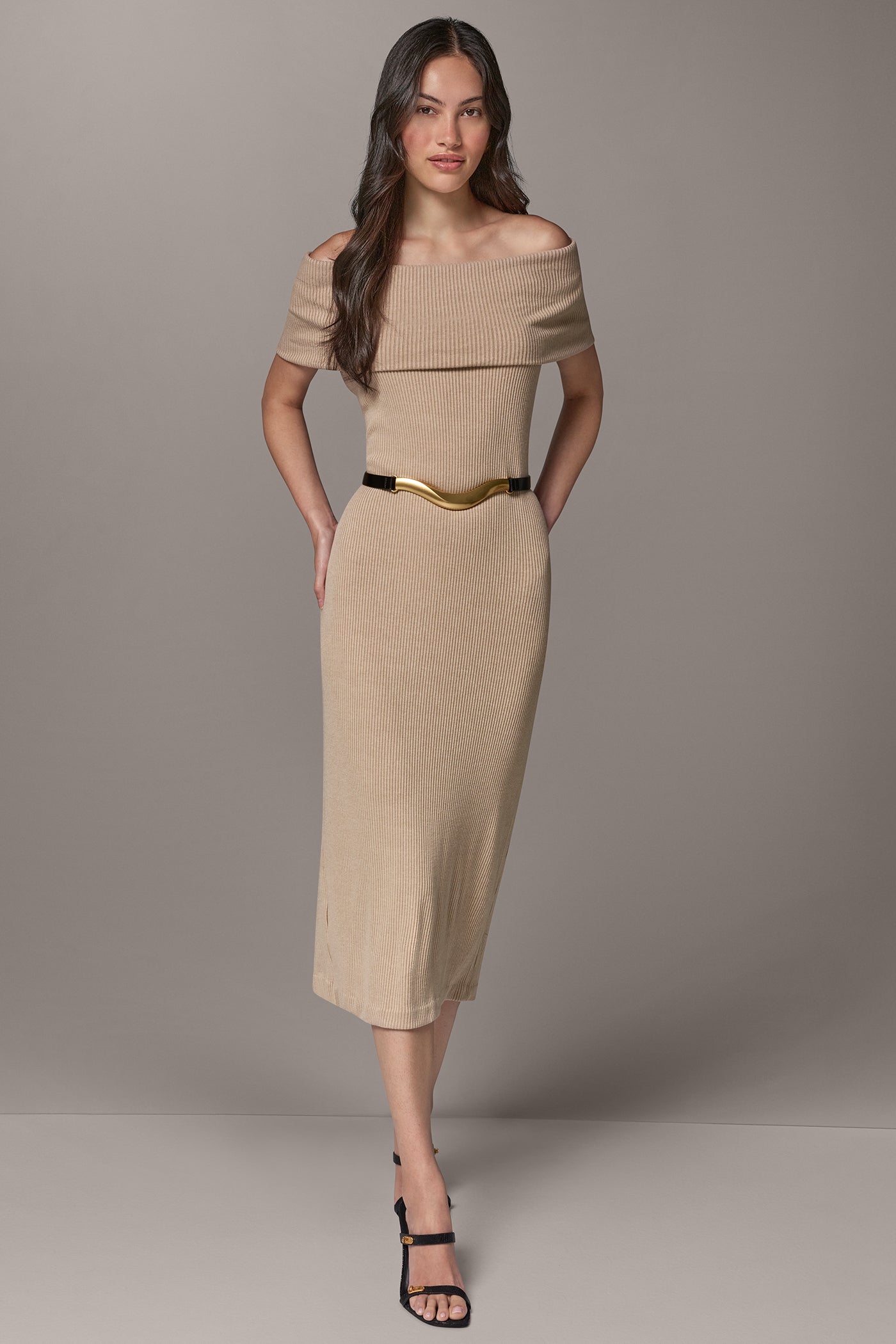 OFF THE SHOULDER MIDI SHEATH