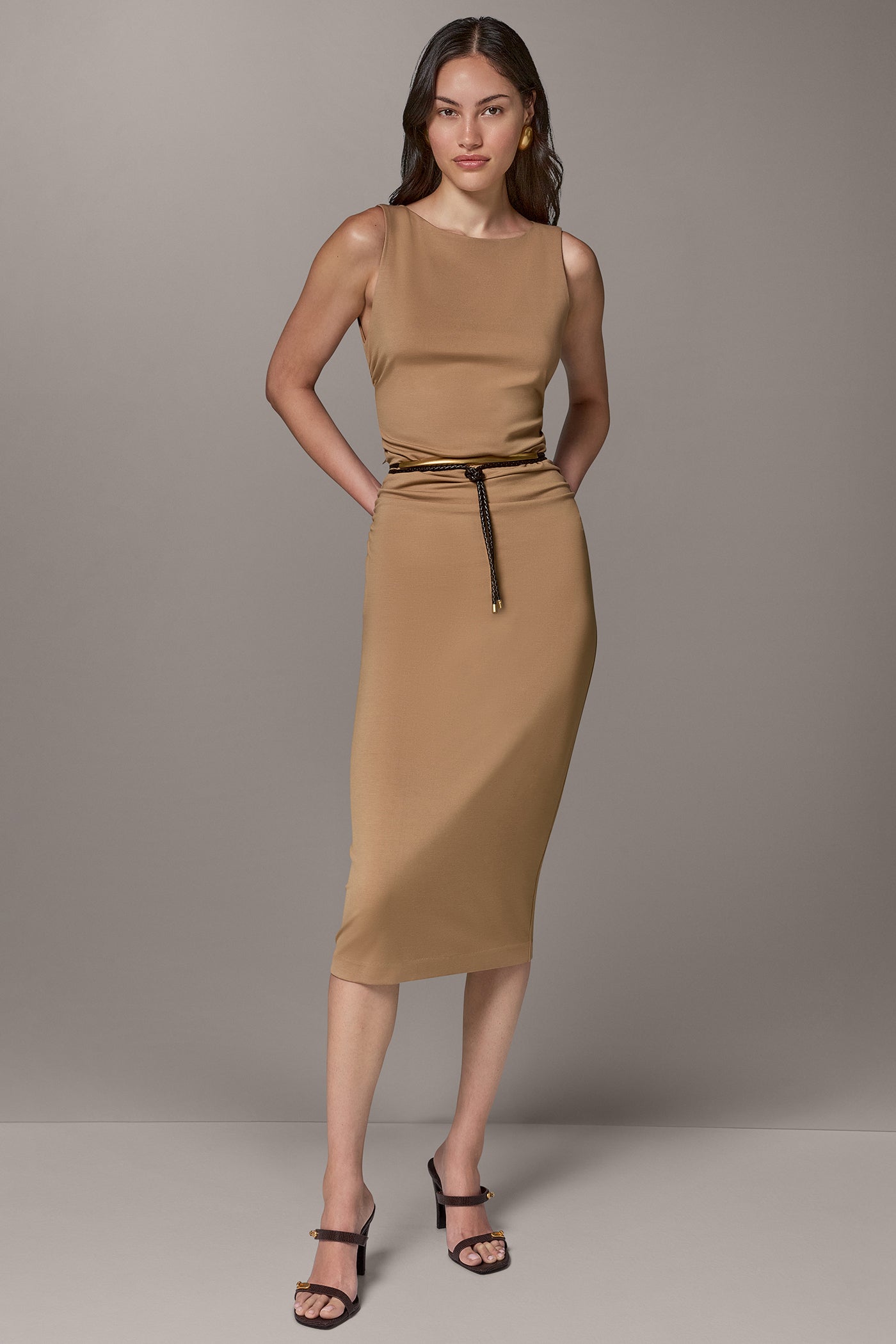 Donna Karan Sleeveless Boat Neck Ponte Belted Midi Sheath Dress - Camel