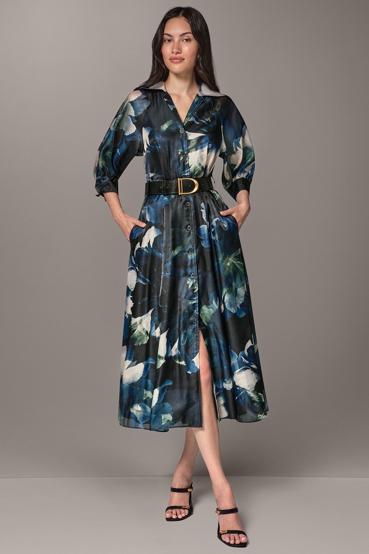 PUFF SLEEVE FLORAL MIDI SHIRT DRESS VIEW 13