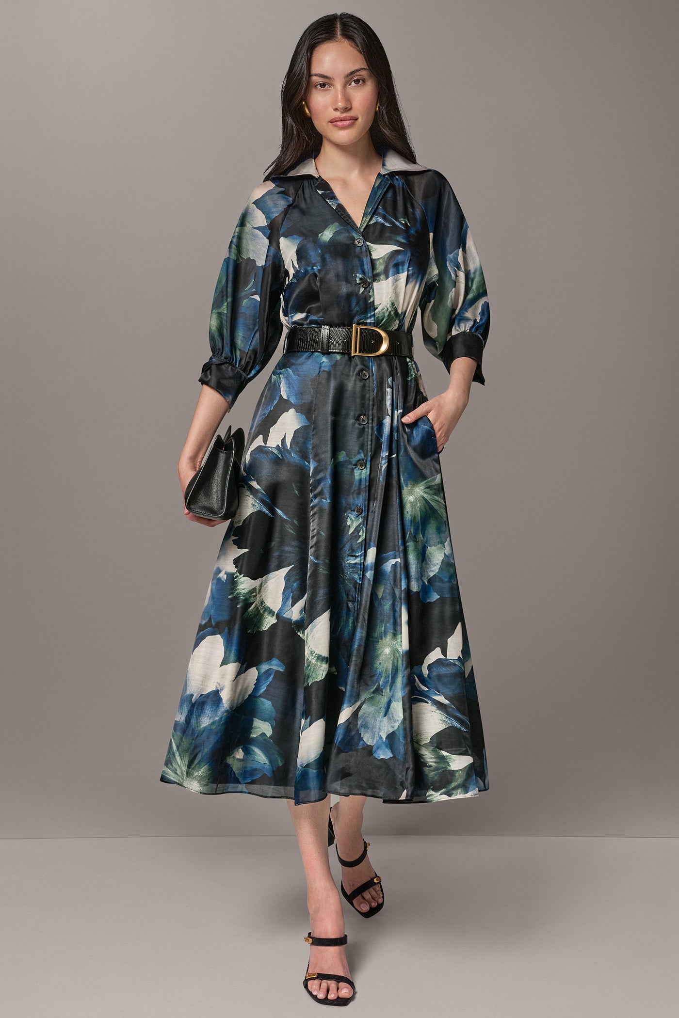 PUFF SLEEVE FLORAL MIDI SHIRT DRESS VIEW 1