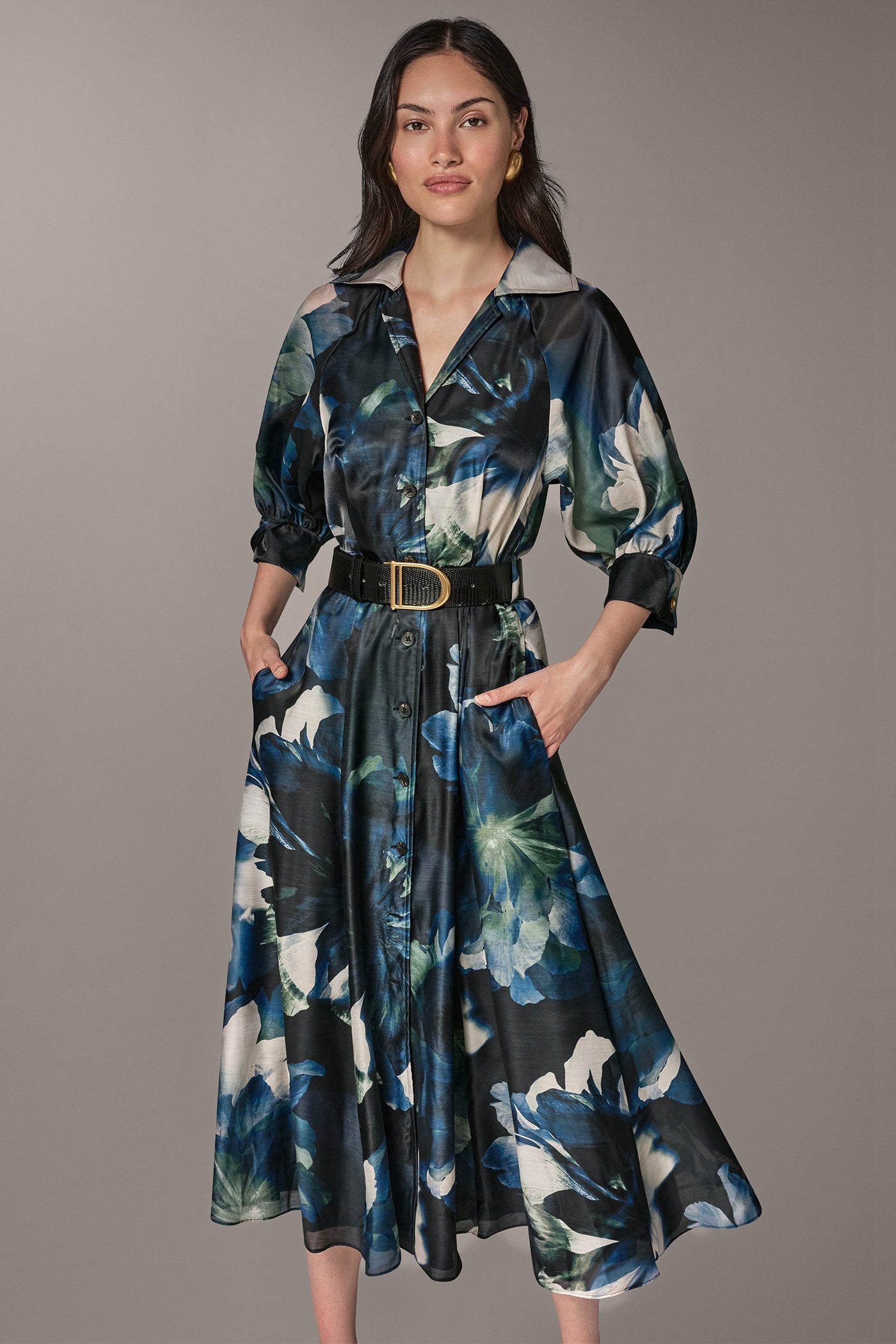 PUFF SLEEVE FLORAL MIDI SHIRT DRESS VIEW 12
