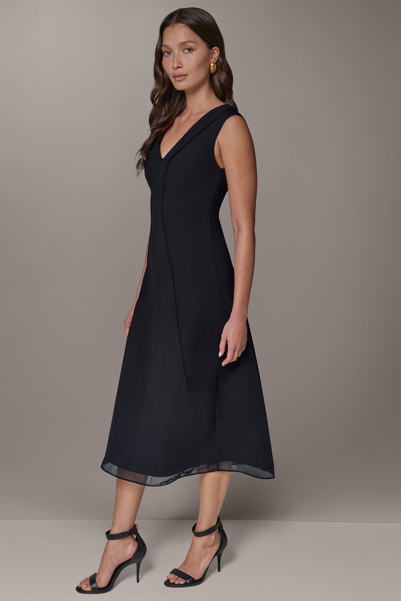Donna Karan Women's Layered Midi A-Line Dress in Black, Size 12