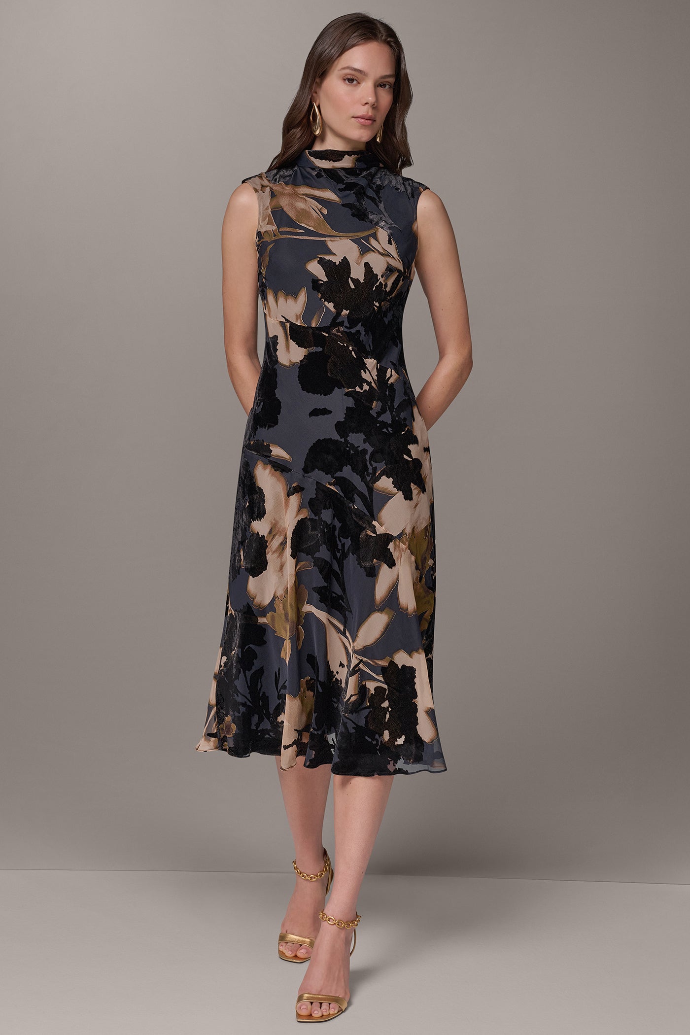 VELVET FLORAL BURNOUT MIDI DRESS VIEW 1