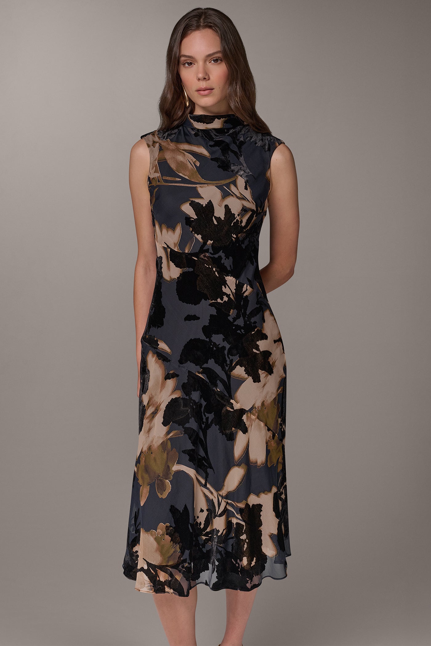 Donna Karan Women's Velvet Floral Burnout Midi Dress in Espresso Multi Brown, Size 8
