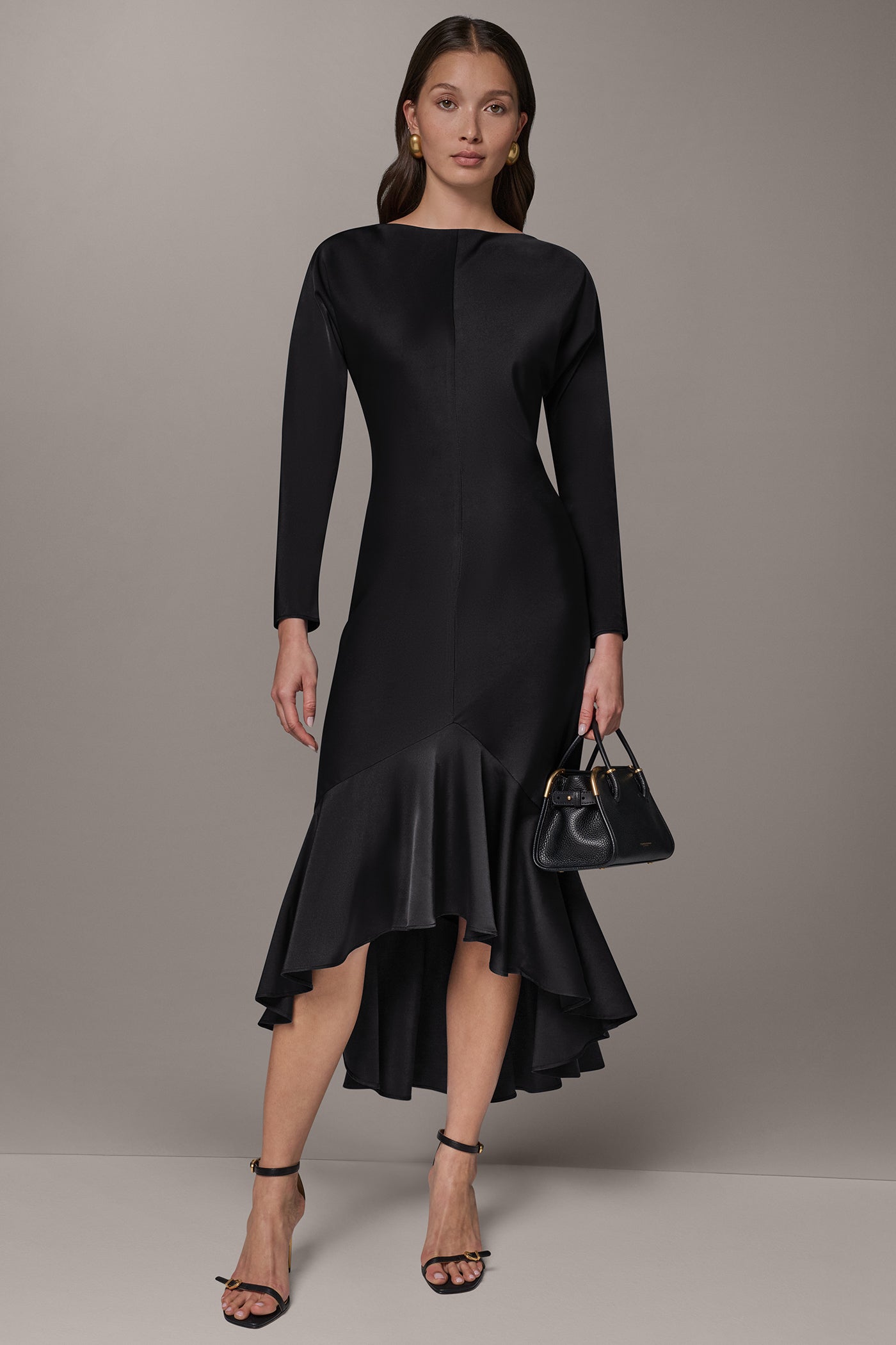 Donna Karan Women's Midi Flounce Hi Low Dress in Black, Size 8