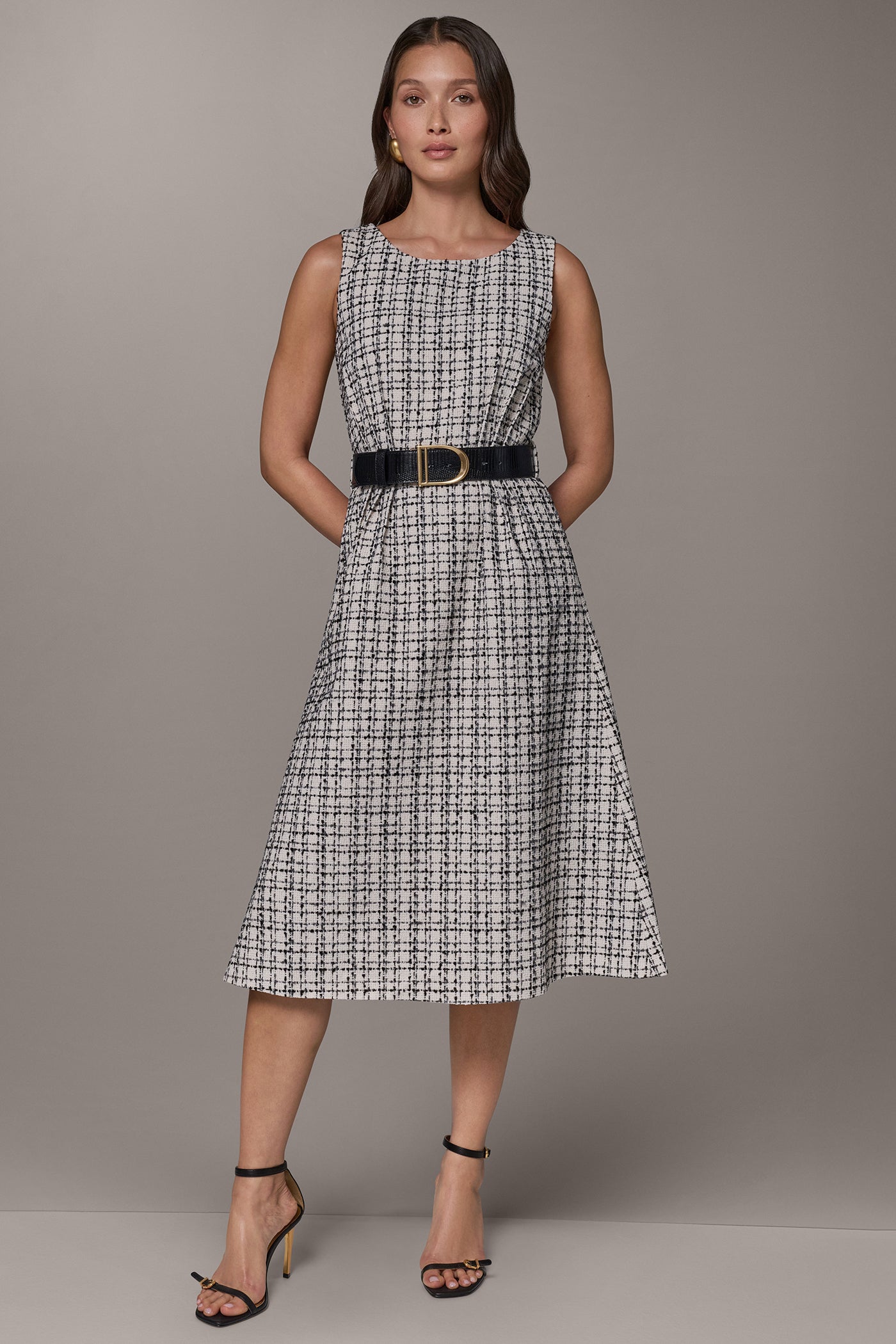 TWEED PLAID MIDI A-LINE DRESS VIEW 1