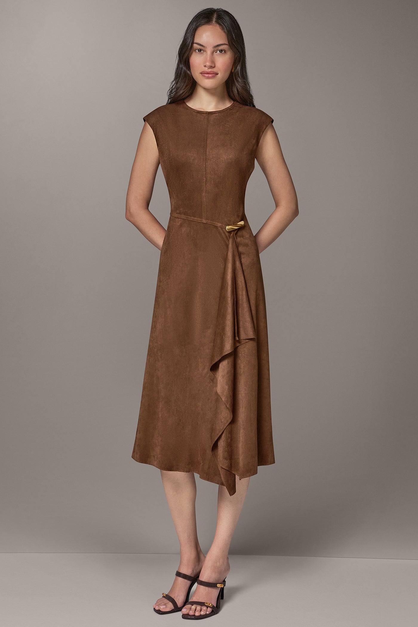 Donna Karan Women's Cap-Sleeve Suede Midi Dress - Camel