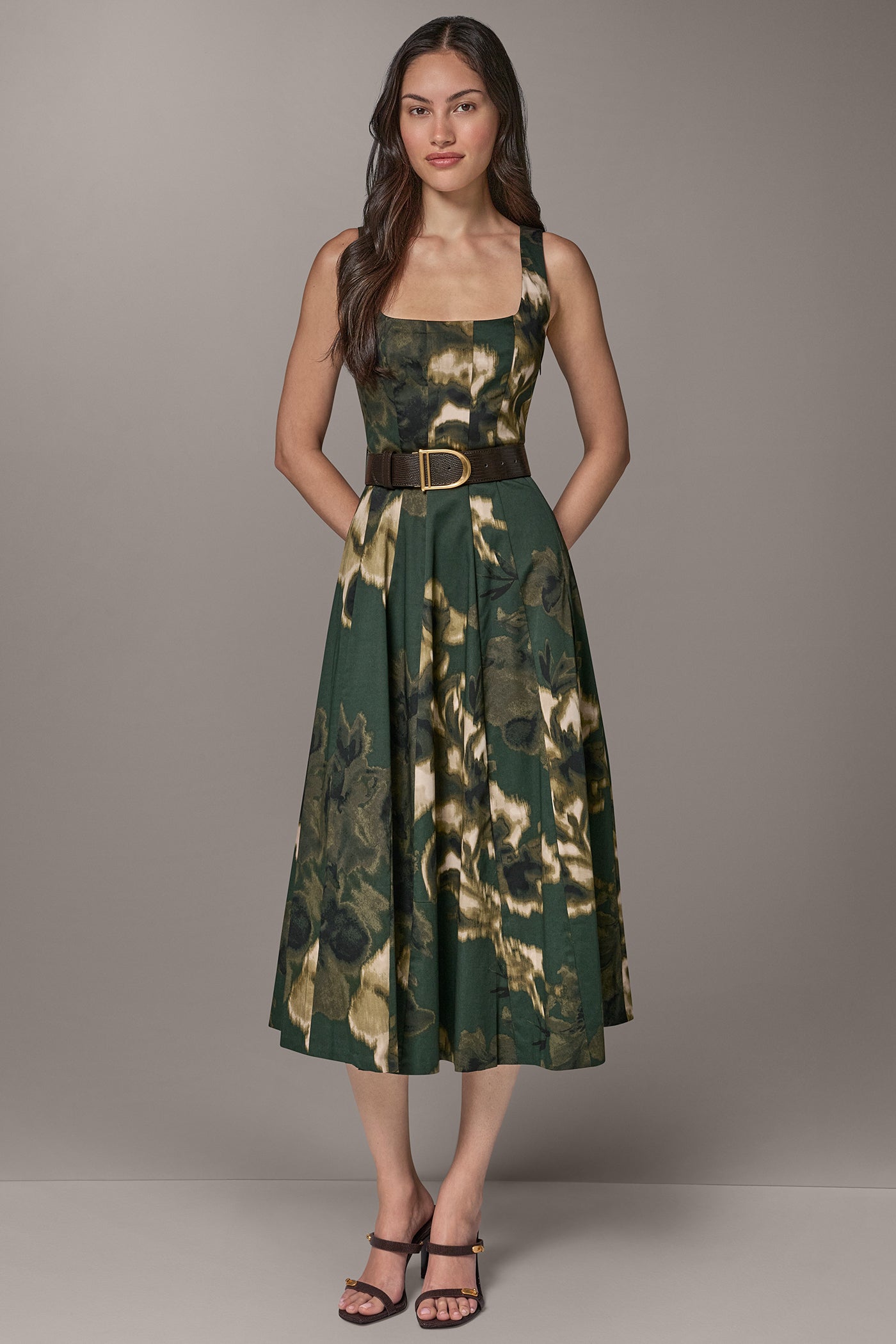 Donna Karan Women's Printed Square Neck Pleated Fit and Flare Dress with Belt - Black Forrest Multi