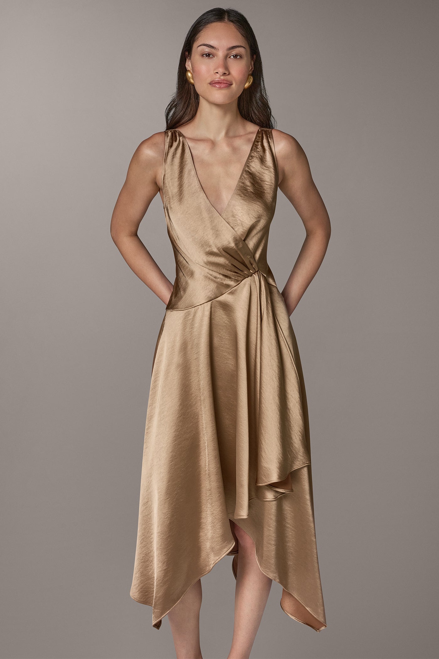 Donna Karan Women's Satin Sleeveless Surplice-Neck Draped A-Line Midi Dress - Camel
