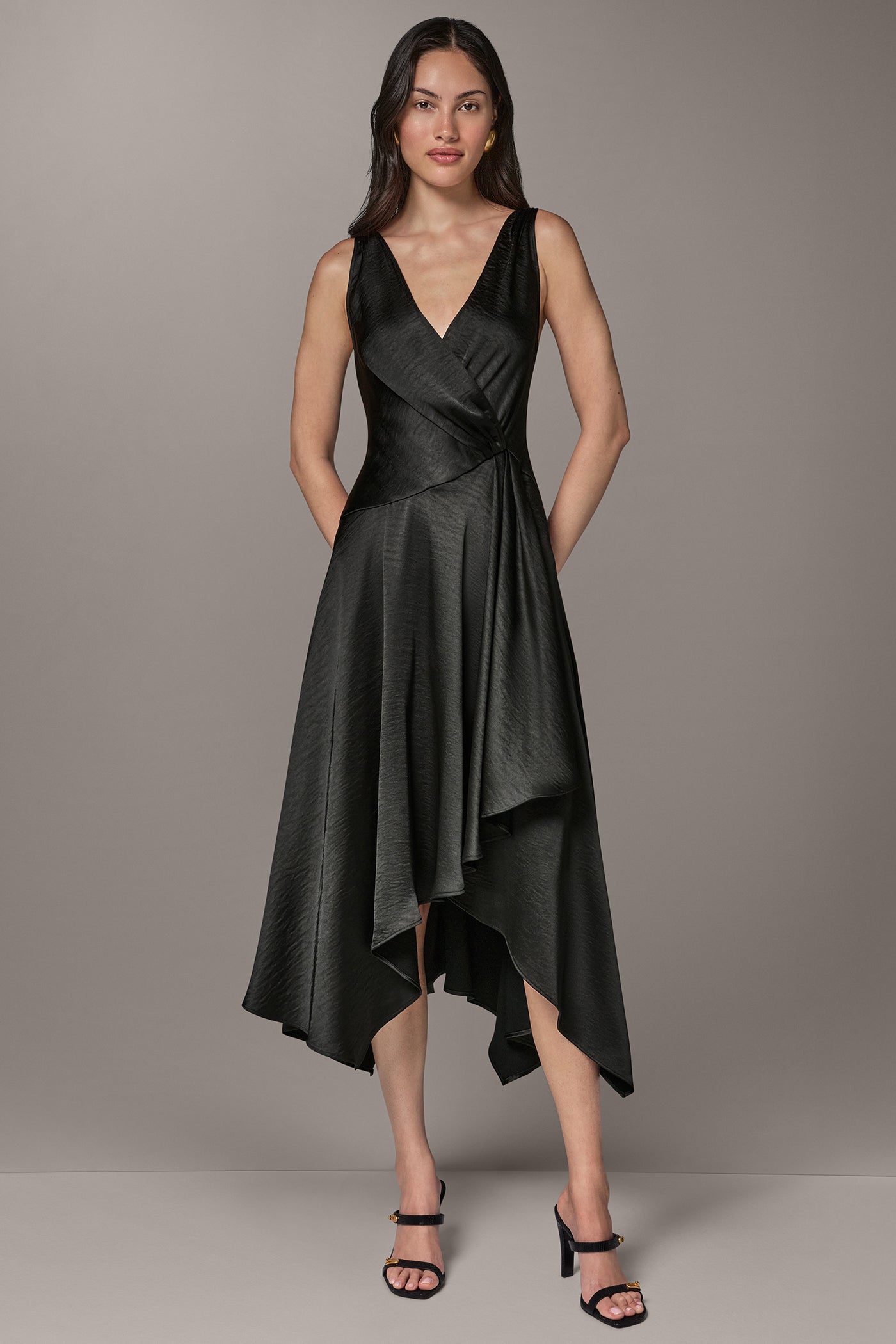 black midi wrap dress Jluxlabel Women's Skyline night look ASOS DESIGN textured collared wrap